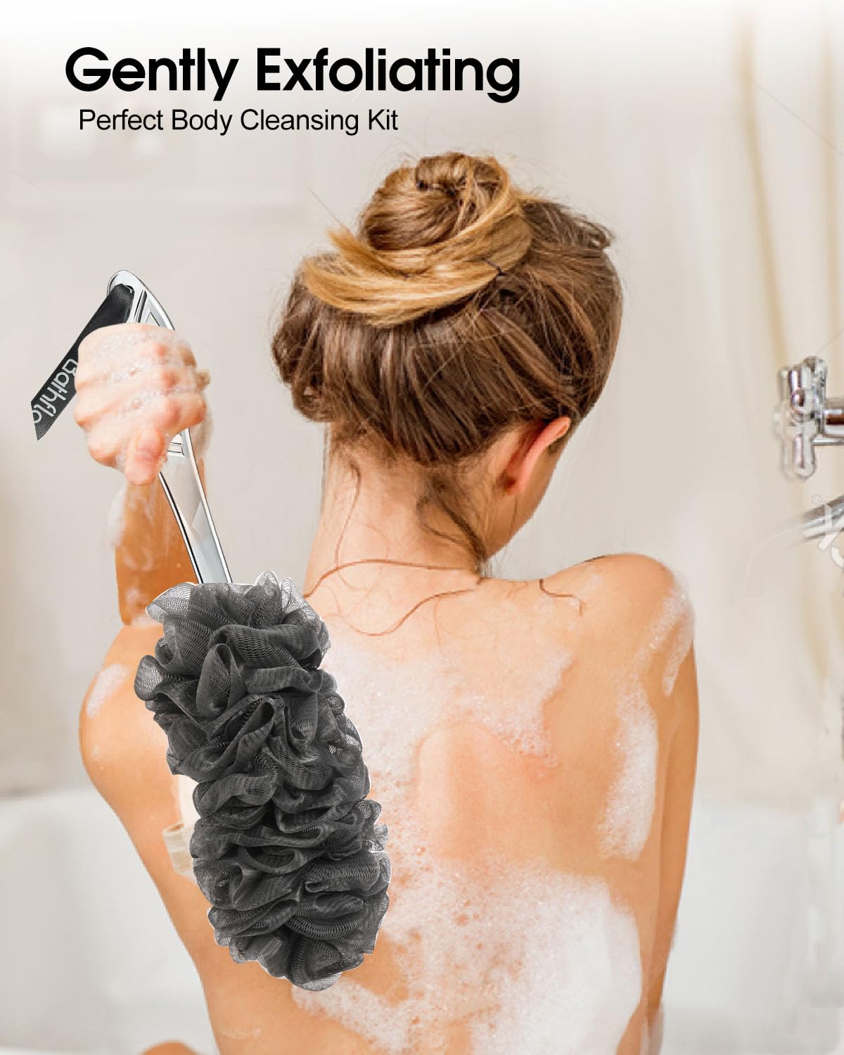 Bathflor Shower Loofah Sponge Exfoliating Body Scrubber 80g, Charcoal Loofa for Women & Men Bath Wash: 1 Long Handle Back Brush Plus 4 Packs Extra Large 80g Soft Mesh Luffa Poufs, 1 Lufa Hook (Gray)