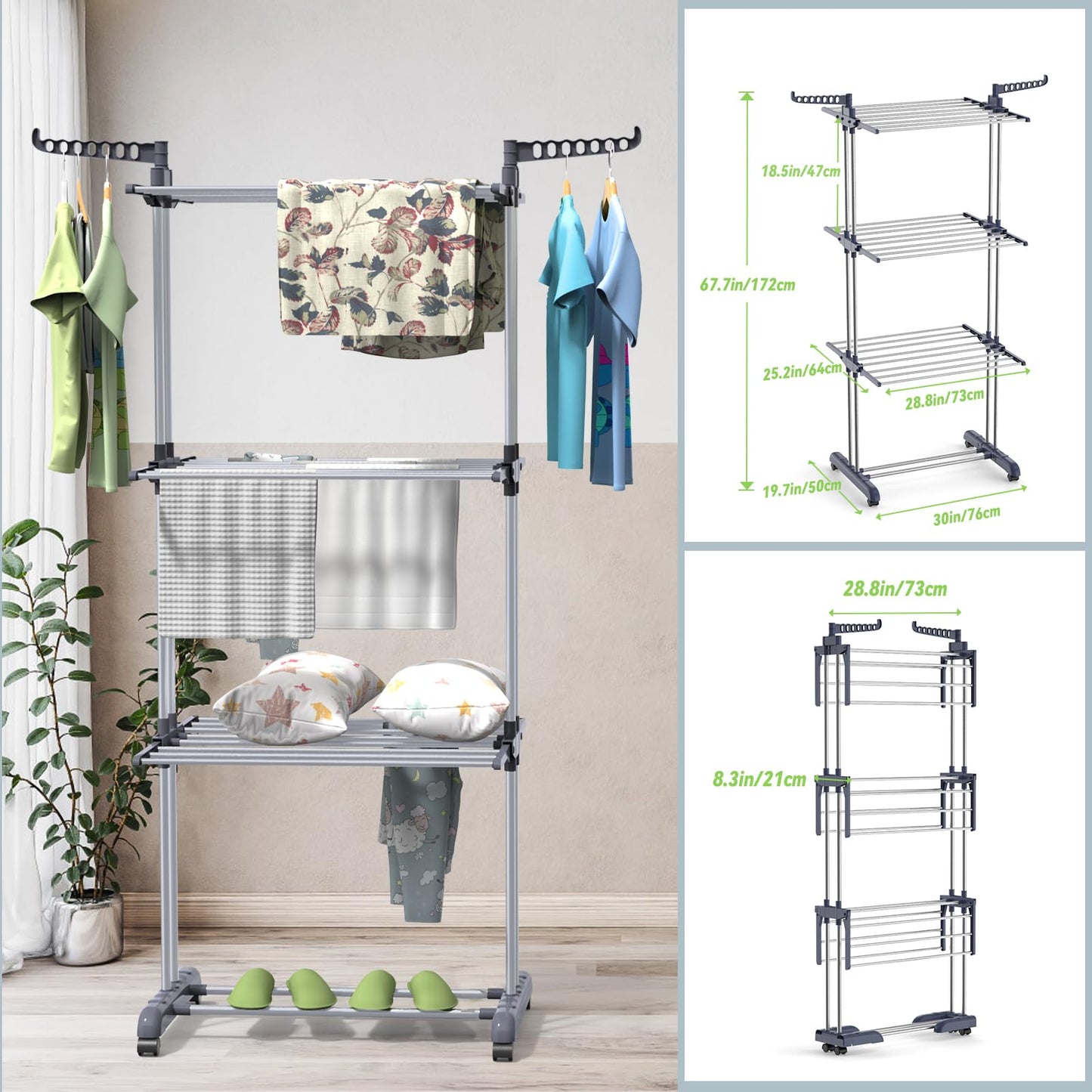 Bigzzia Clothes Drying Rack, 67.7 Inch Laundry Drying Rack with Foldable Base, 4 Tier Stainless Steel Drying Rack Clothing, Movable Laundry Rack for Indoor Outdoor-Grey