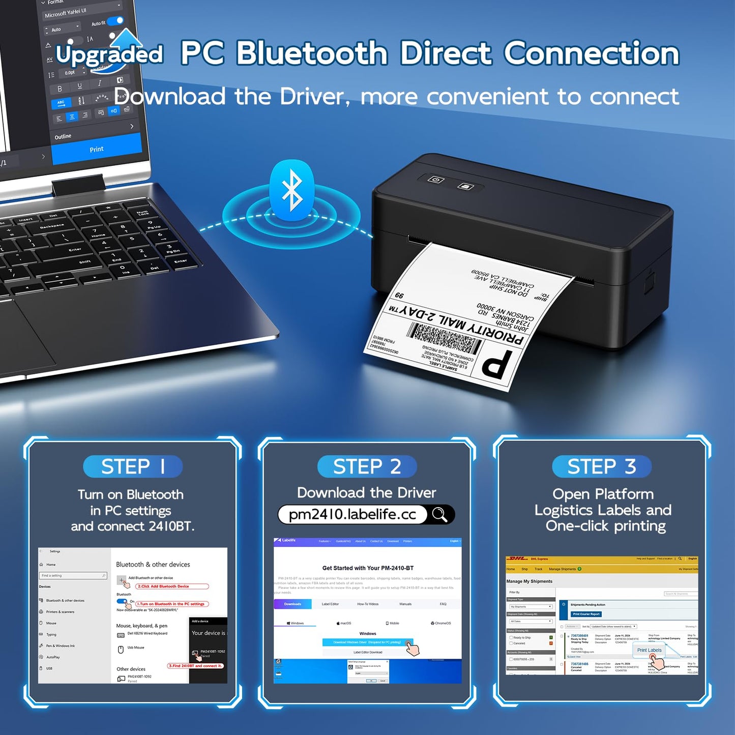 Bluetooth Thermal Shipping Label Printer, 4x6 Thermal Label Printer for Small Business, 2410BT Wireless Label Printers Compatible with iOS Android Phone&Pad&PC, Widely Used for Ebay, USPS, FedEx, etc