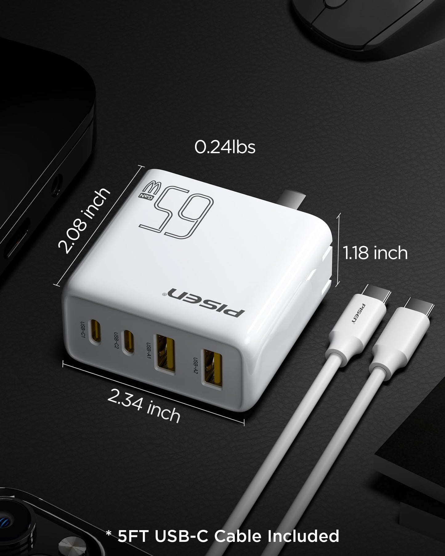 65W PISEN USB-C Fast Charger with 4FT Cable