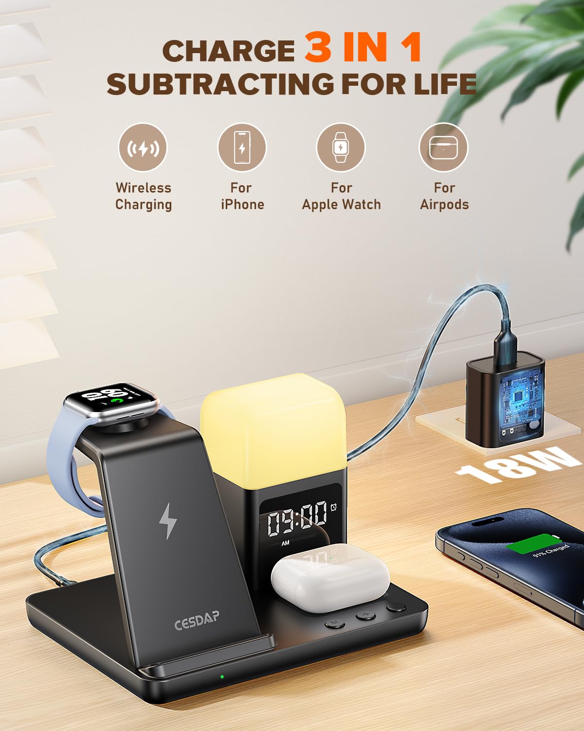 Wireless Charging Station with Alarm Clock & Light