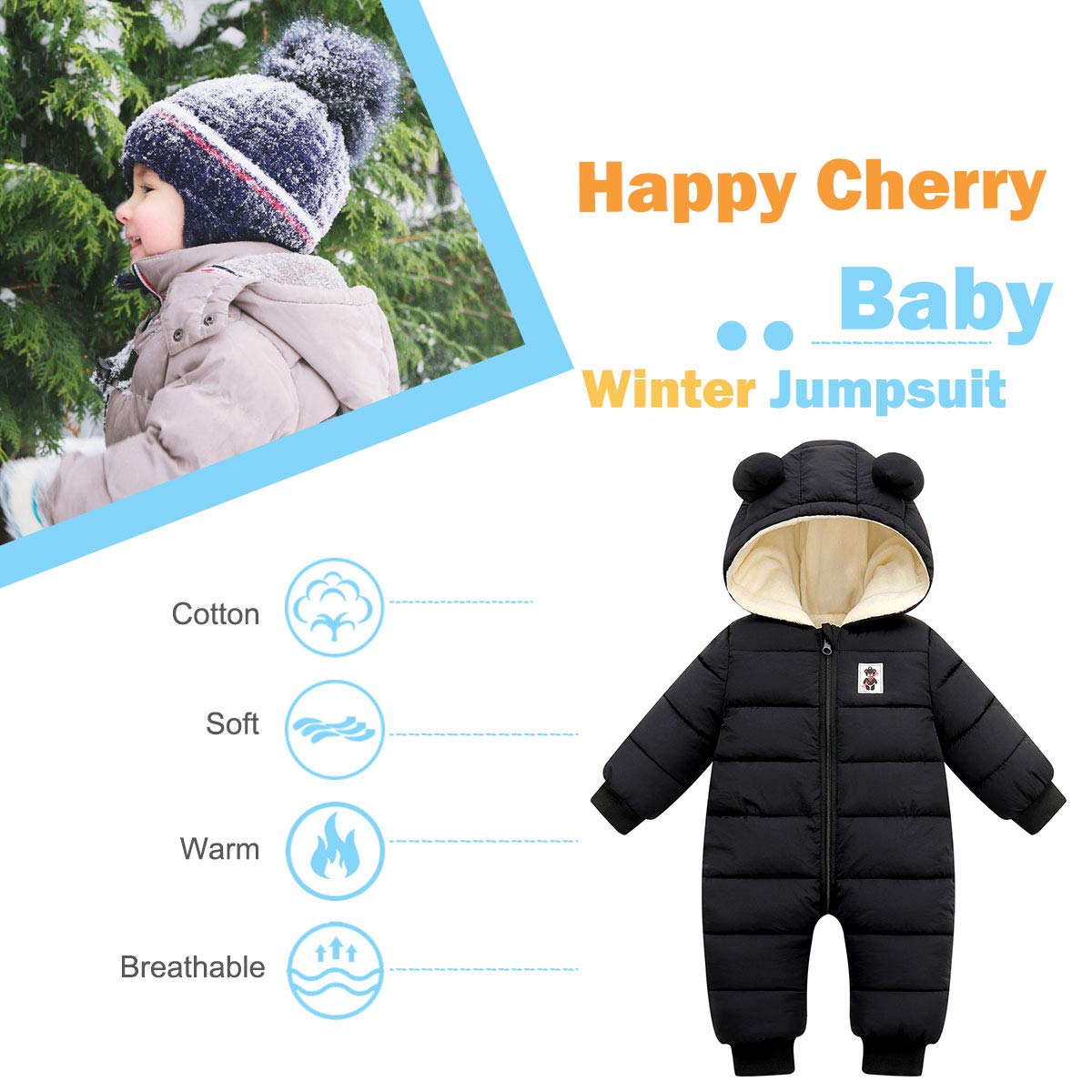 Happy Cherry Baby Hooded Puffer Jacket Jumpsuit Long Sleeve Romper Winter Snowsuit Coat Zipper One-Piece Outwear Down Coats 18-24 Months Black