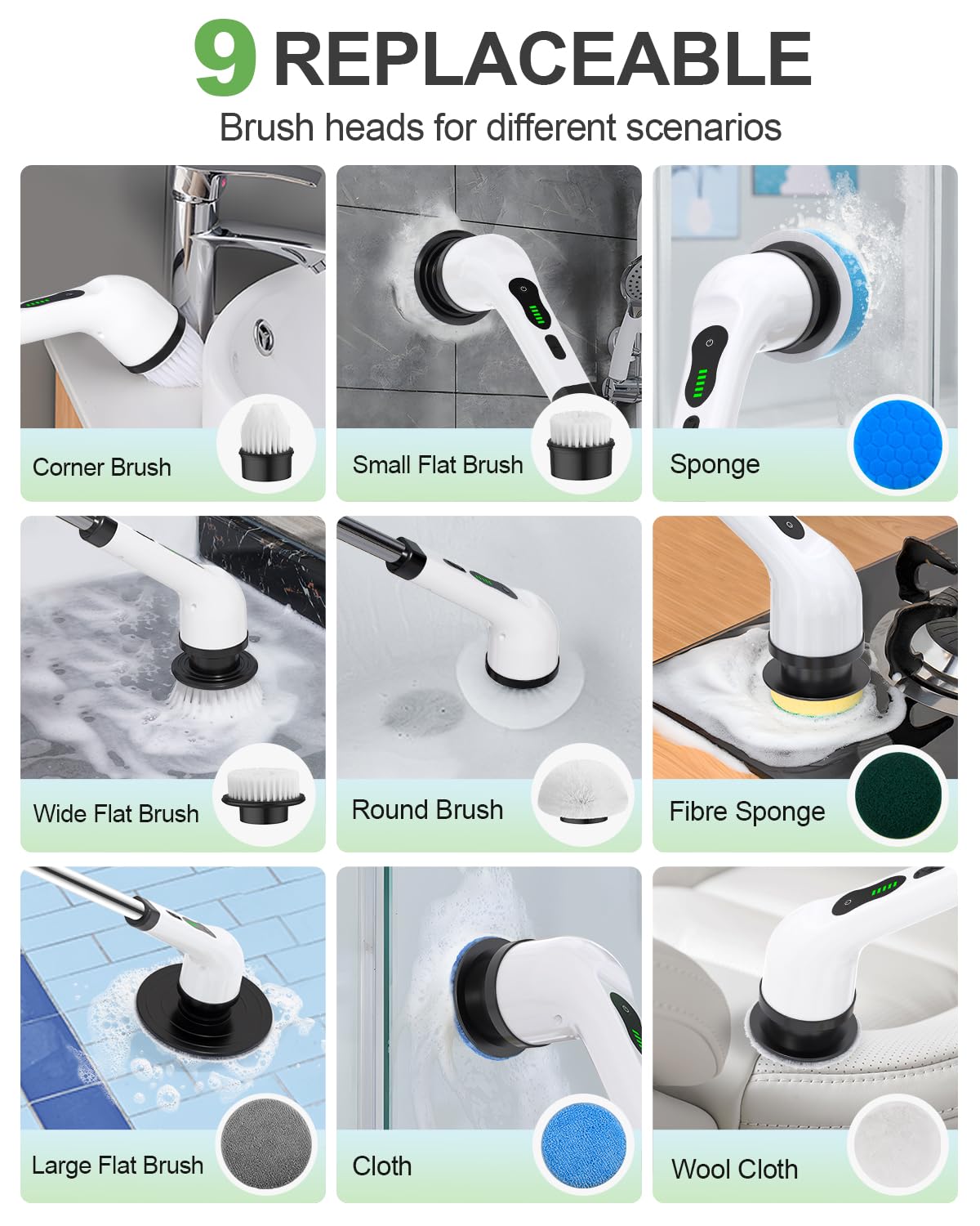 Cordless Electric Spin Scrubber with 9 Brush Heads