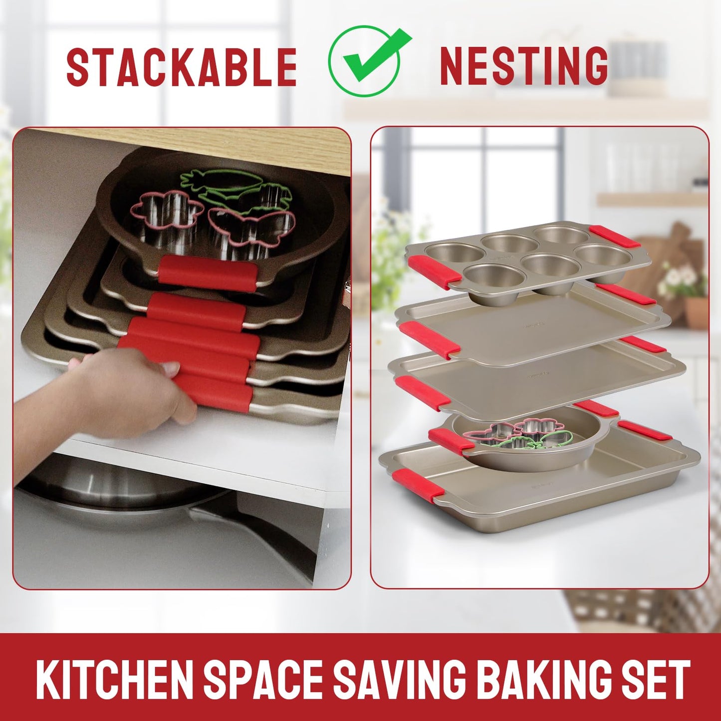 DELUXE Bakeware Sets, Baking Pans Set, Nonstick Oven Pan for Kitchen wth Wider Grips, 9 Pieces Including baking Cookie Sheet, Cake Pans, Muffin Pan, Roastin Pan, Cookie Cutters-Champagne