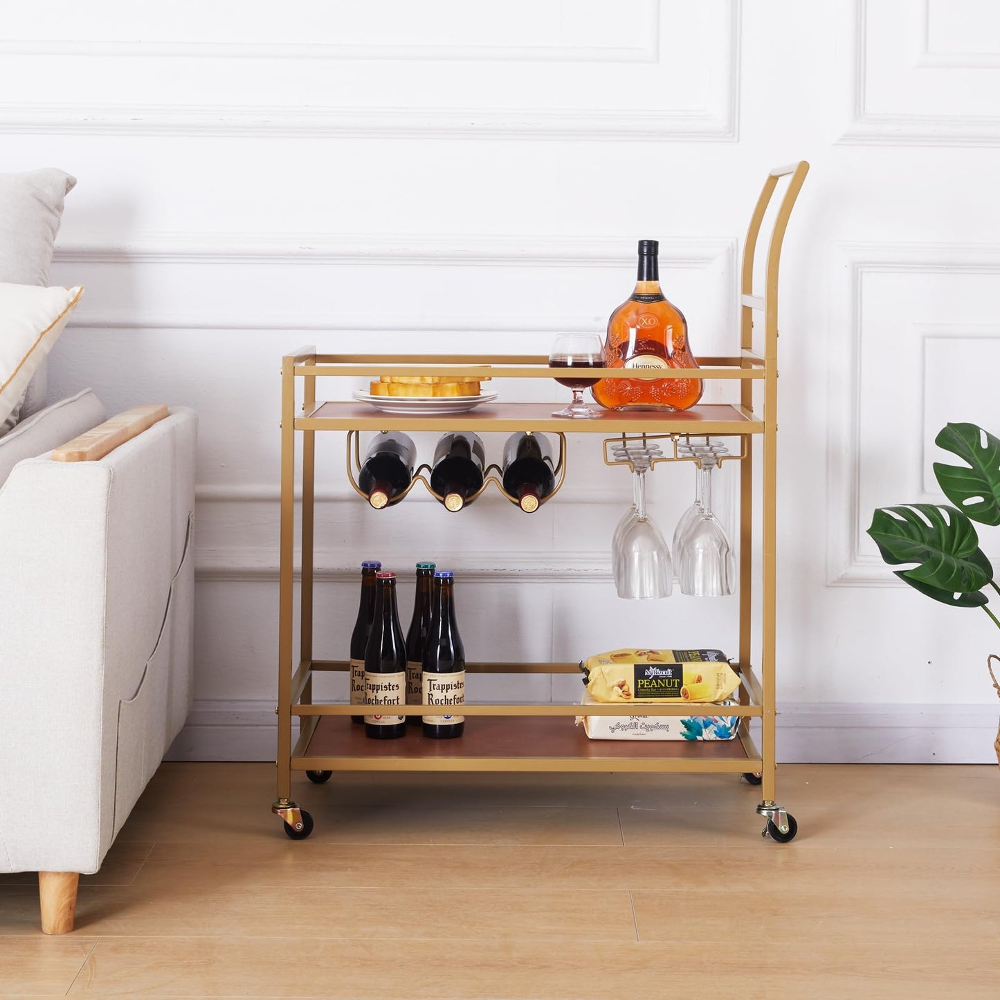 JBBCN Gold Bar Cart with Wheels, Home Bar Serving Cart with 2-Tier Wooden Shelves, Wine Racks, Glass Holders for Kitchen, Dining Room, and Party, Rolling Beverage Car