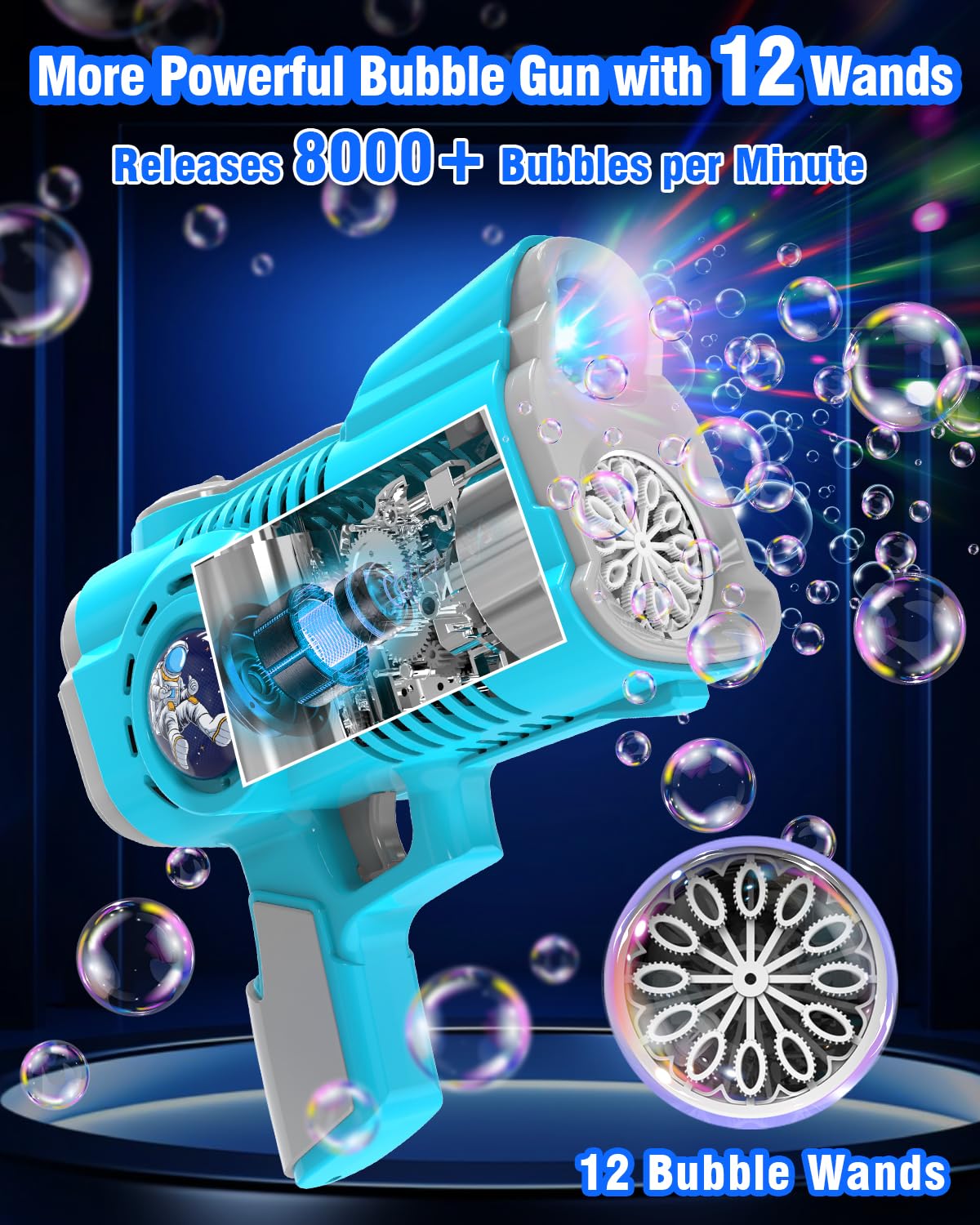 Joyfuture Bubble Gun - Automatic Bubble Machine for Kids - 12 Holes Bubble Gun Blaster with 7 Colors LED Light - Bubble Maker Include Bubble Solution & Batteries - Boys Toys for Birthday, Parties