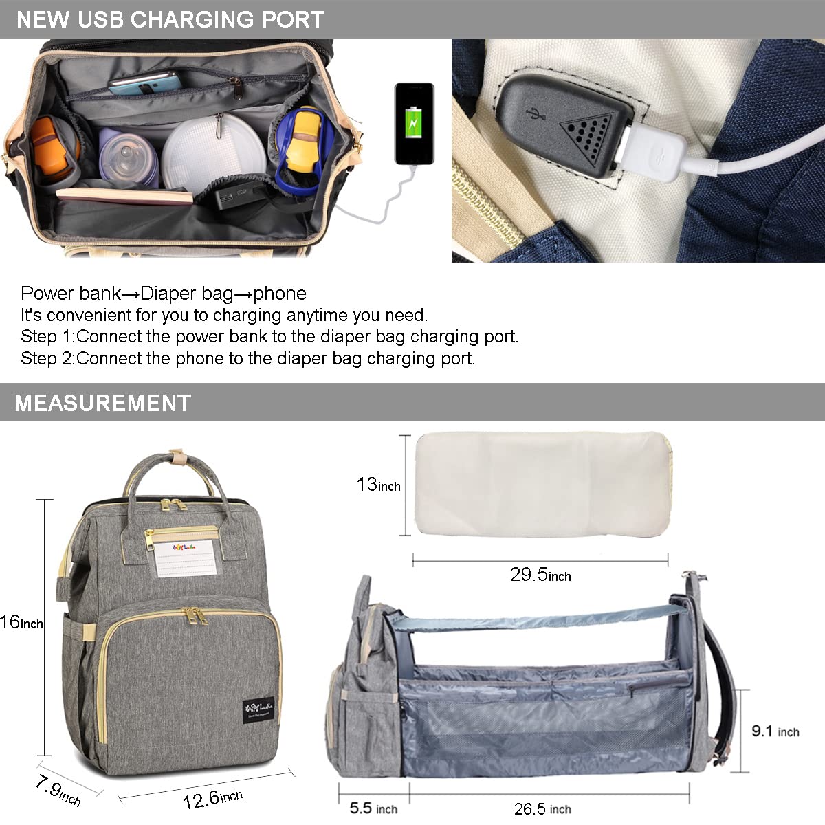 HappyLuoka Diaper Bag Backpack with Changing Pad, Baby Bag for Boys Girls, Unisex Nappy Changing Bag, Multifunction Large Capacity Travel Back Pack for Moms Dads, Grey