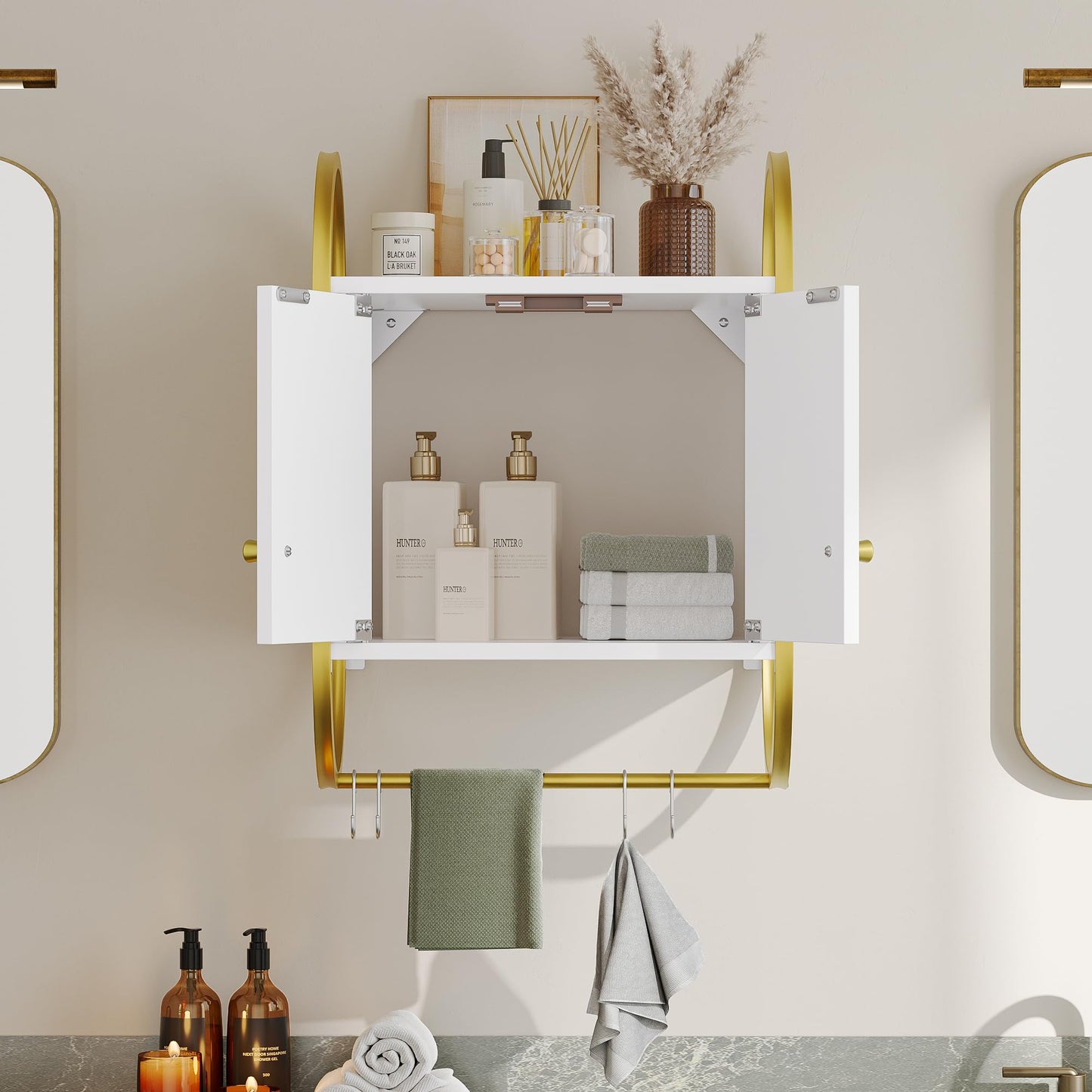 Bestier Floating Shelves for Wall, Bathroom Wall Cabinet with 2 Door and Towel Rack, Wall Shelves for Kitchen, Bedroom, Living Room, Bathroom, Office, Modern White