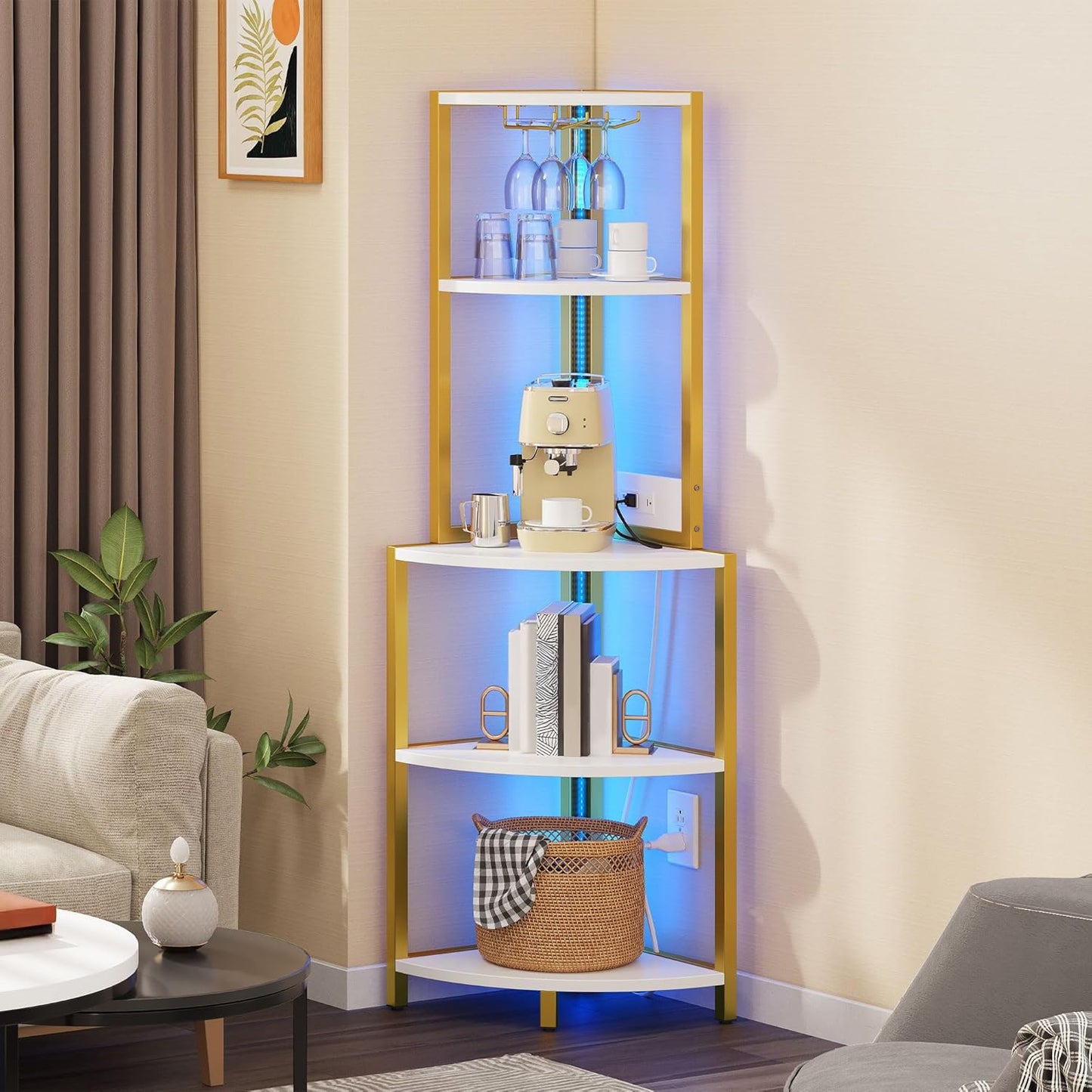 5-Tier Corner Shelf with Power Outlets & LED Lights