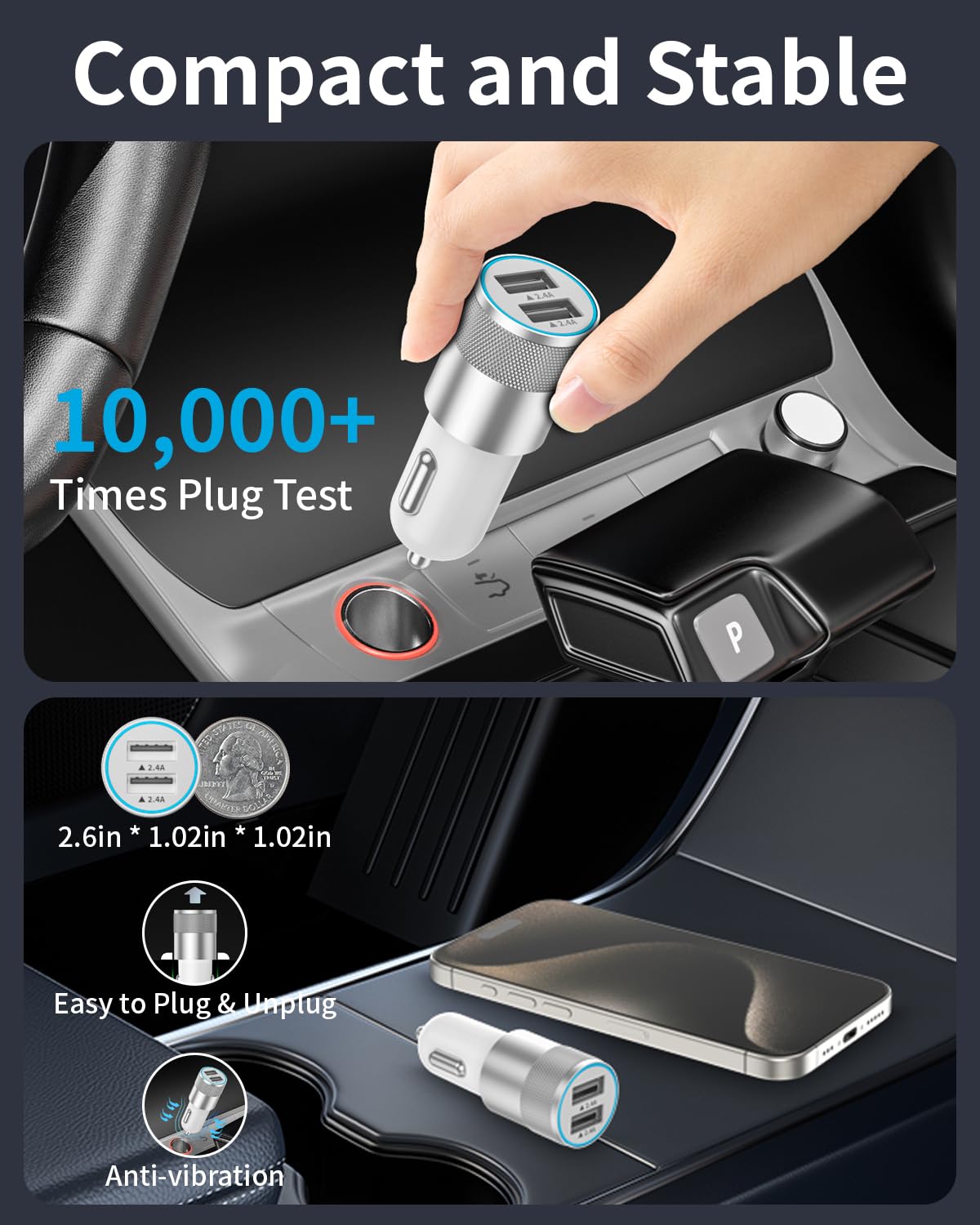 24W Dual USB Car Charger with 3FT Cables