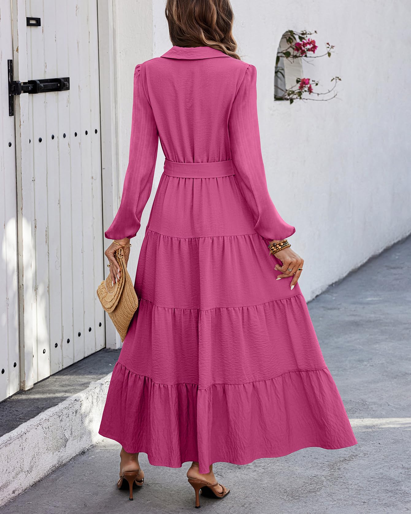 dowerme Women's Long Sleeve Dress 2025 Button Down Belted A-Line Flowy Fall Outfits Ruffle Maxi Holiday Party Dresses(Rose Red,XX-Large)