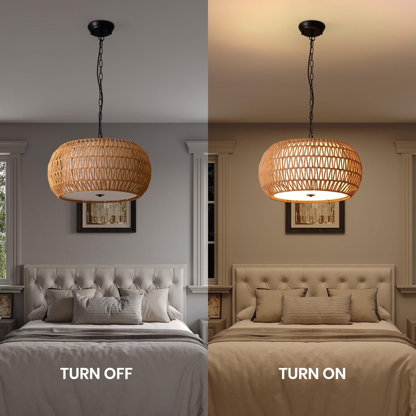 7PMBEANE Rattan Chandeliers for Dining Room, 5-Lights Woven Wicker Boho Chandelier Light Fixture with Fabric Shade,Rustic Pendant Light for Kitchen Island Bedroom Living Room