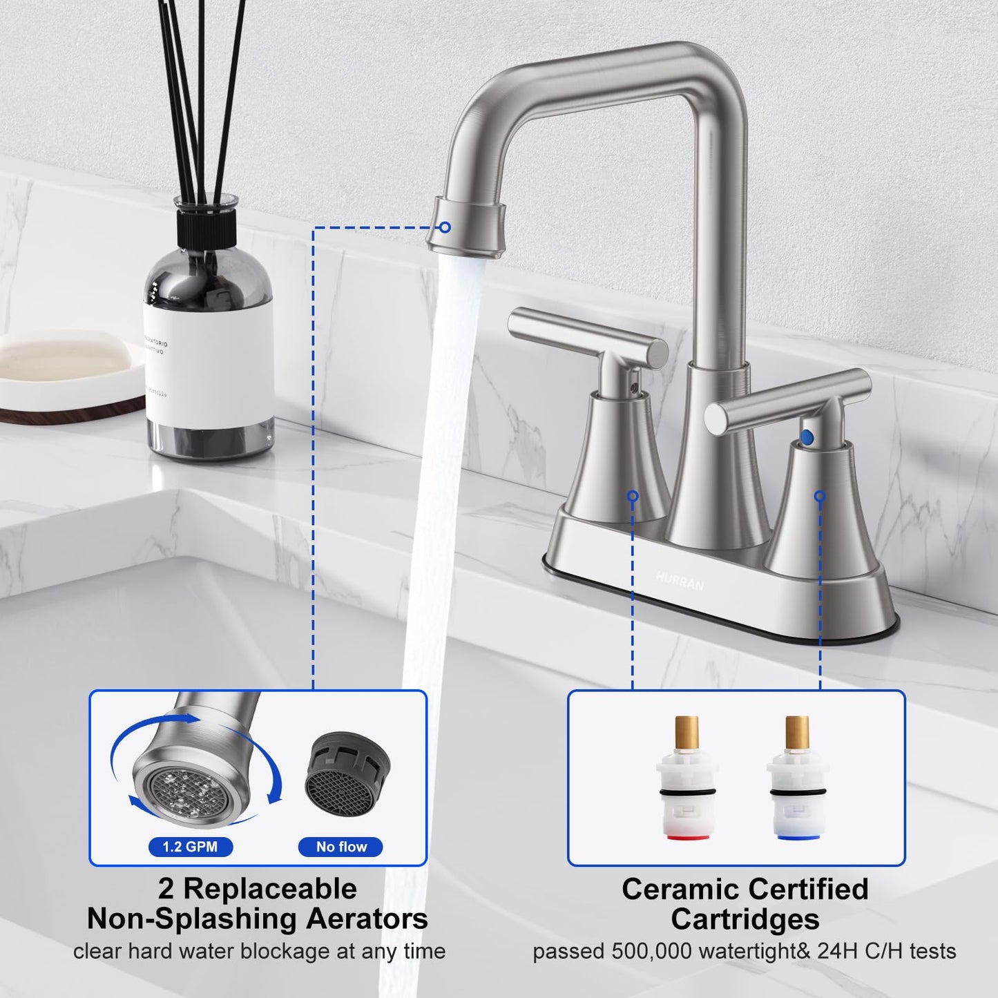 Bathroom Sink Faucet, Hurran 4 inch Brushed Nickel Bathroom Faucets for Sink 3 Hole with Pop-up Drain and Supply Lines, Stainless Steel 2-Handle Centerset Faucet for Bathroom Sink Vanity RV Restroom