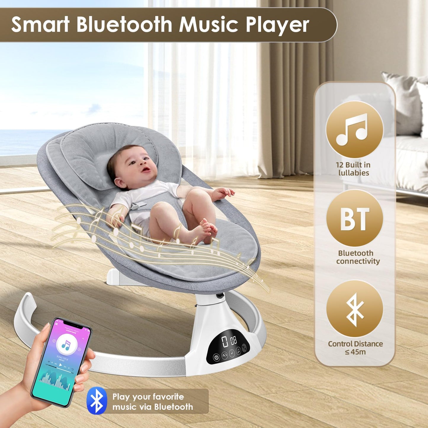 Ixdregan Baby Swings for Infants - Exclusive App & Bluetooth Electric Baby Swing, Smart Sensor&Timing, 5 Speeds, 12 Preset Lullabies and Back-Up Pillow, Portable Baby Swing for Indoor/Outdoor(Grey)