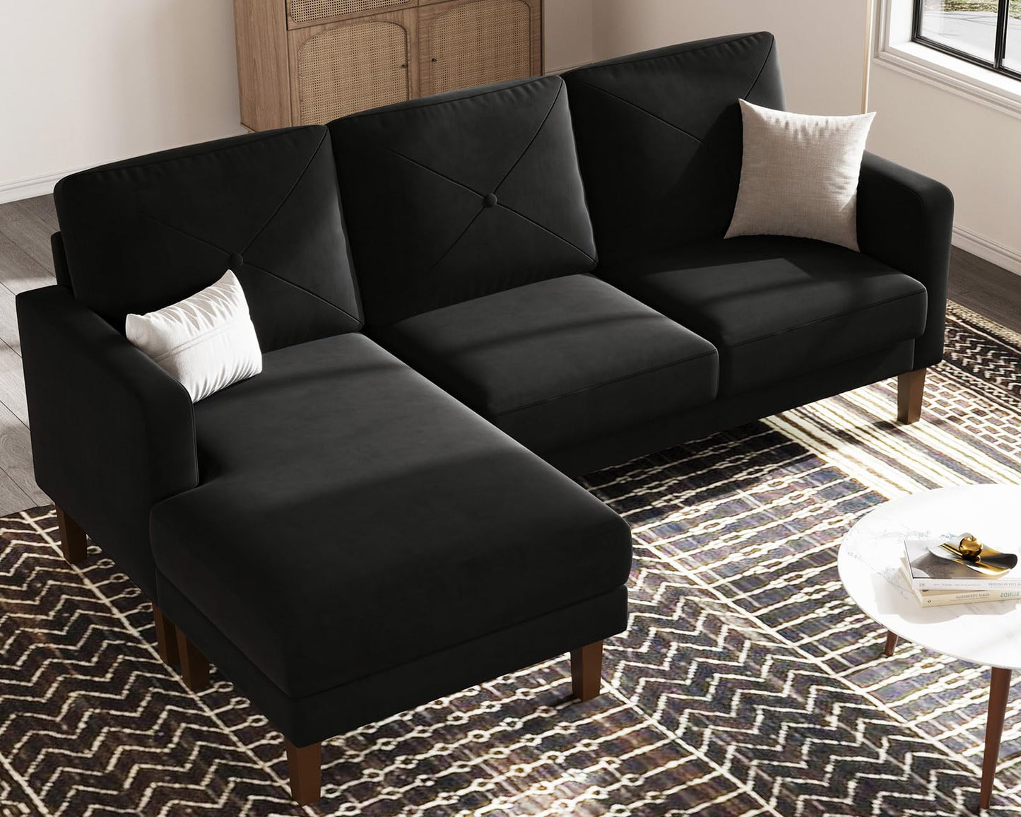 Belffin Velvet Convertible Sectional Sofa with Chaise Small L Shaped Couch with Reversible Chaise 3-Seater Sofa Sectional Set for Small Space Black