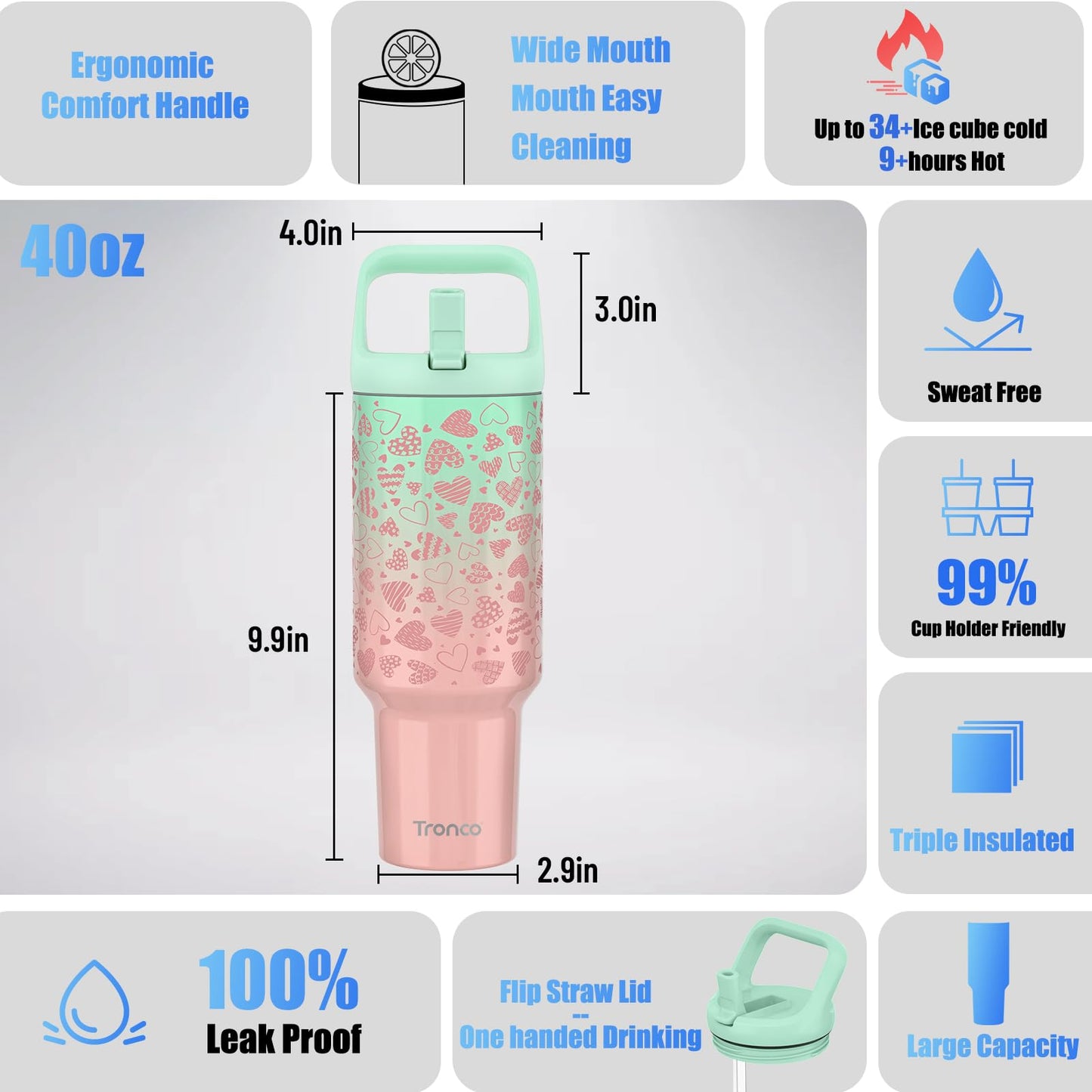 40 oz Insulated Tumbler with Handle and Straw