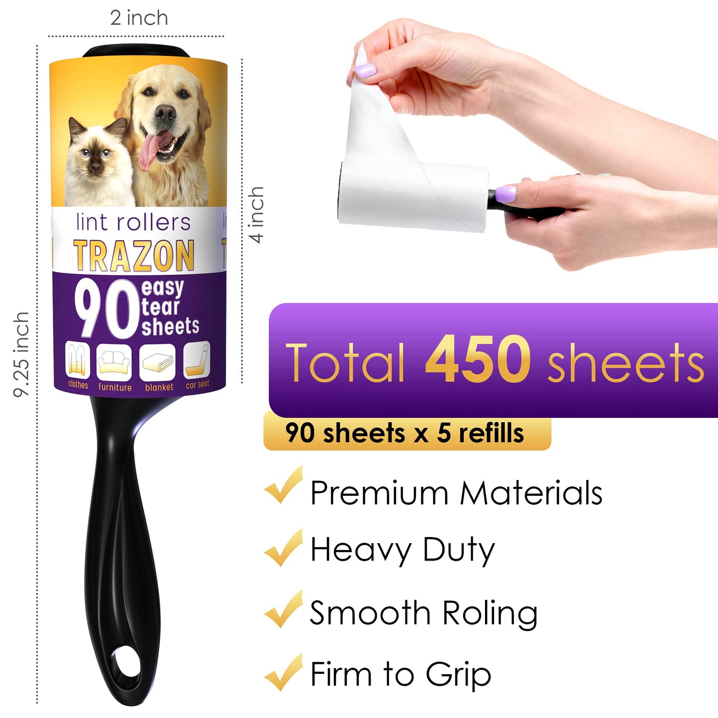 450 Sheets Lint Roller for Pet Hair Removal