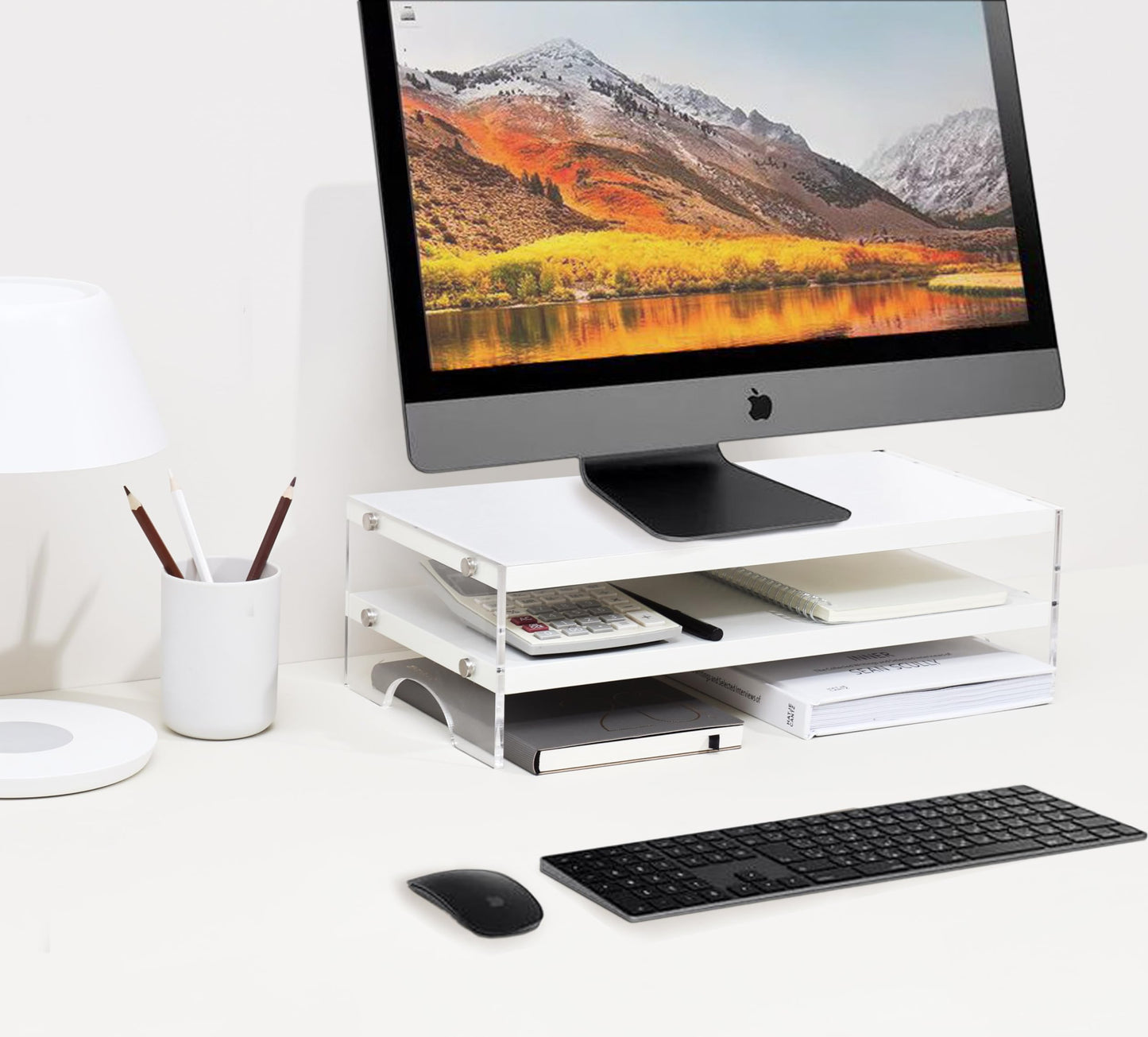 VONDETYR Acrylic Monitor Stand Riser with Storage, Desk Organizer Desktop Printer Laptop Storage Shelf(White)