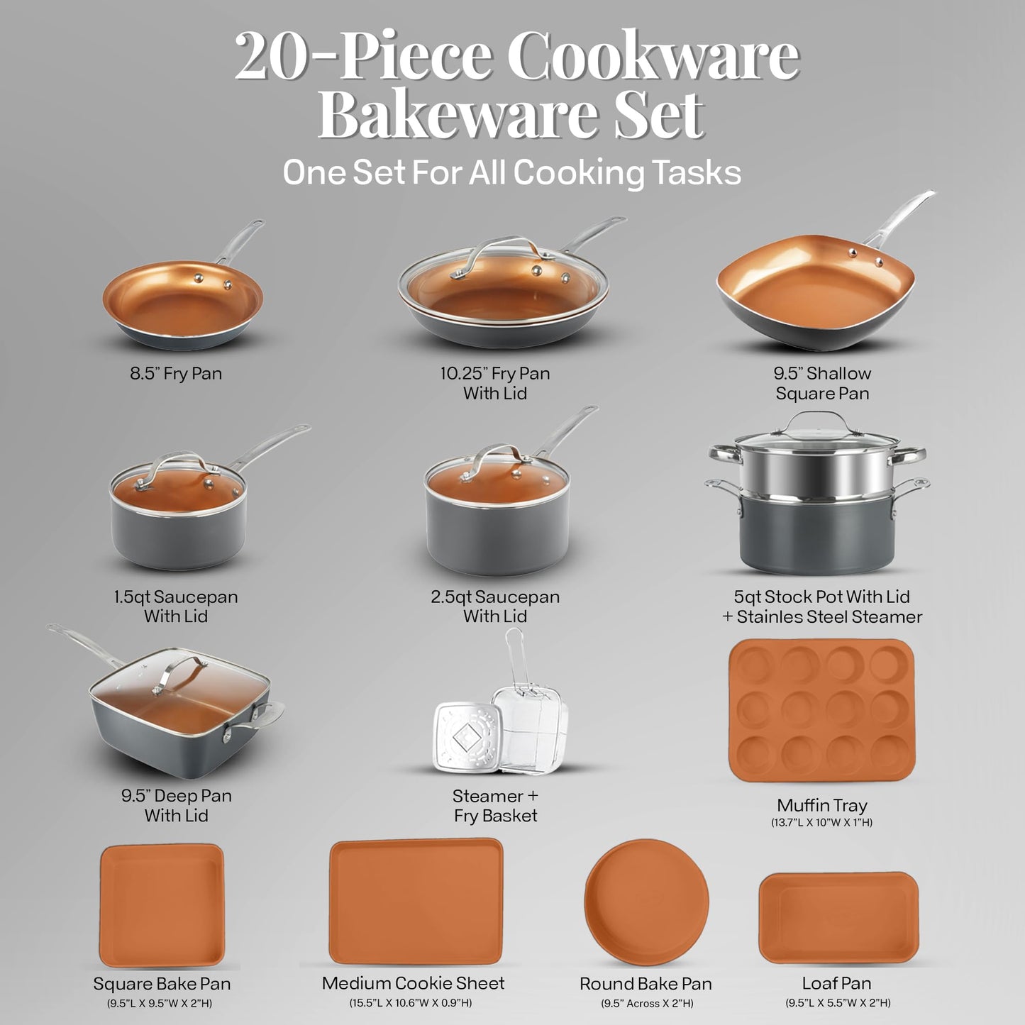 Gotham Steel 20 Pc Pots and Pans Set, Bakeware Set, Ceramic Cookware Set for Kitchen, Long Lasting Non Stick Pots and Pans Set with Lids Dishwasher / Oven Safe, Non Toxic-Copper