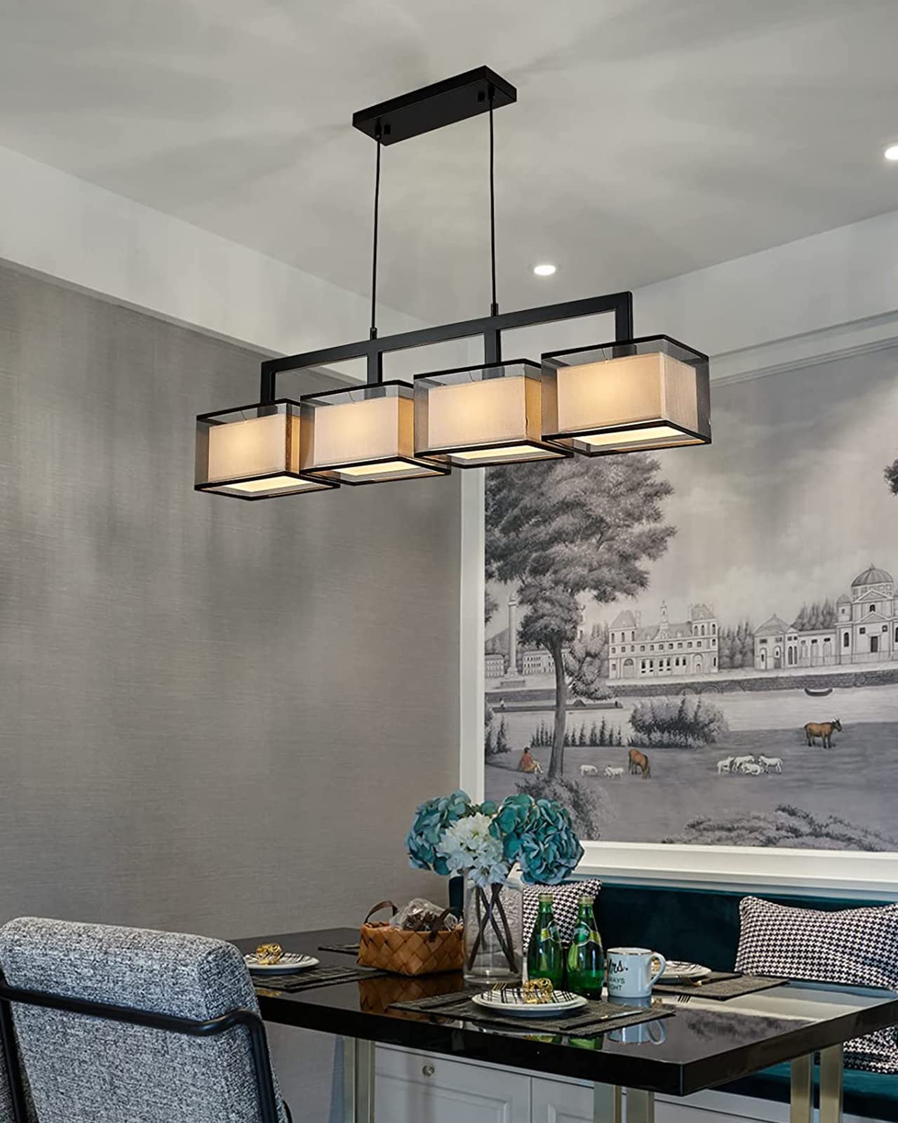 7PMBEANE Modern Rectangular Chandelier Hanging Light Fixture 4 Lights with Fabric Lampshade Adjustable for Dining Living Room Restaurant (Black)