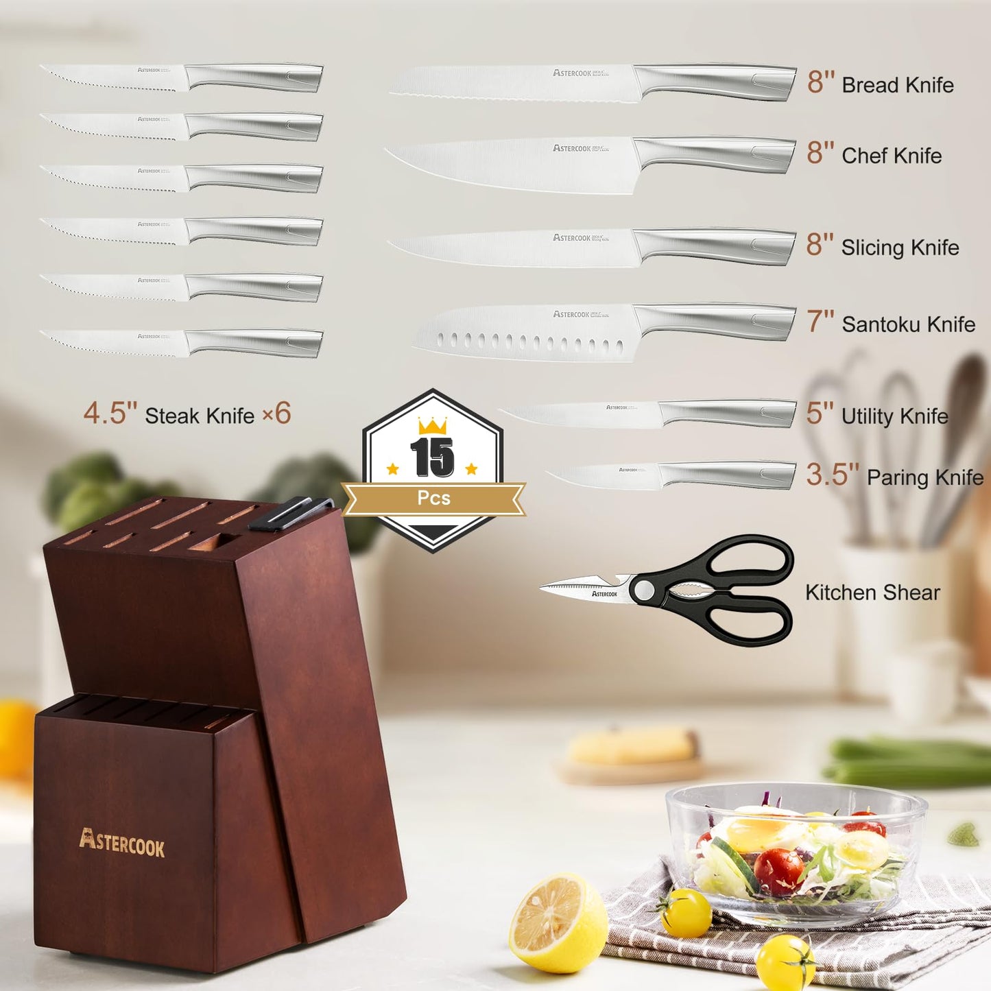 15-Piece Astercook Stainless Steel Knife Set