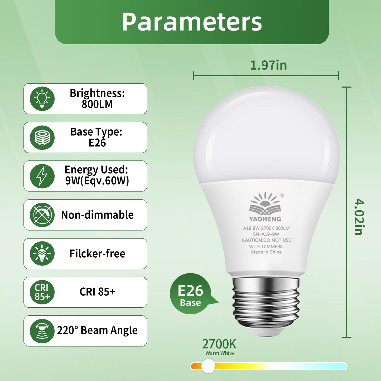 YAOHENG A19 LED Light Bulb, 9W(60W Equivalent) LED Bulbs, E26 Standard Base, 2700K Warm White, 800 Lumens, Non-Dimmable, 9W Bright White Light Bulbs for Home Office (16-Pack)