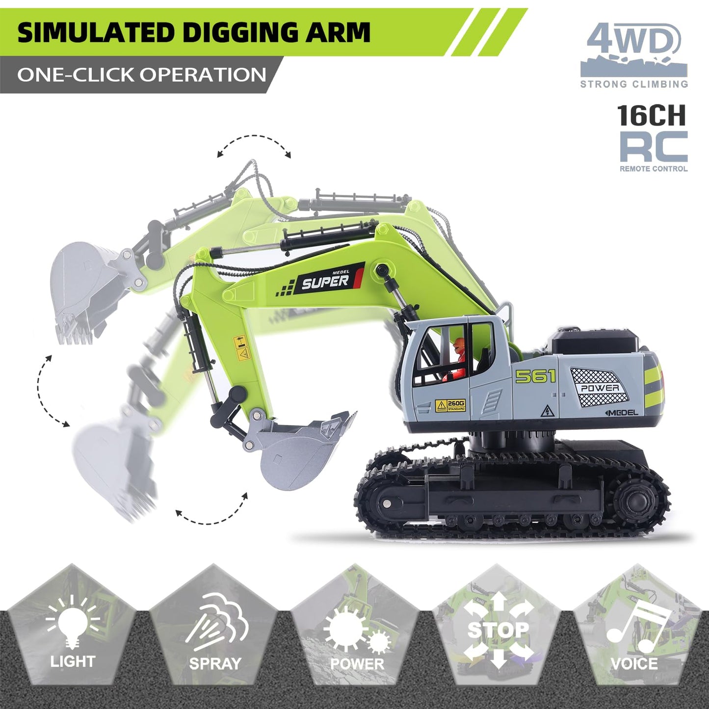 Remote Control Excavator with Metal Shovel & Lights