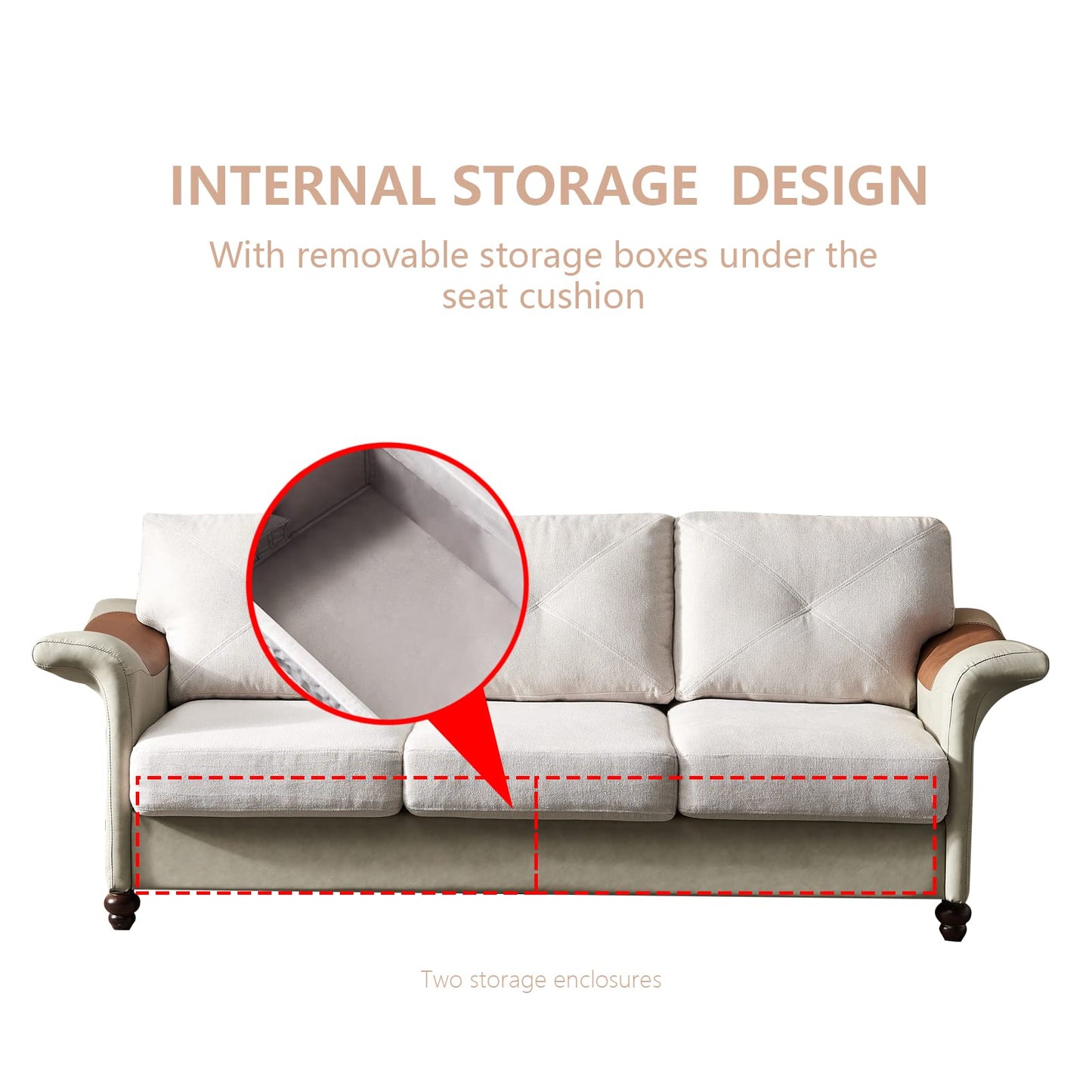 DHPM Sectional Faux Leather with Wood Leg, 2 Pieces Mid-Century Sofa Living Room Furniture Sets, Linen Upholstered Couch include 3 Seater and Loveseat for Home or Office (2+3 seat), Beige