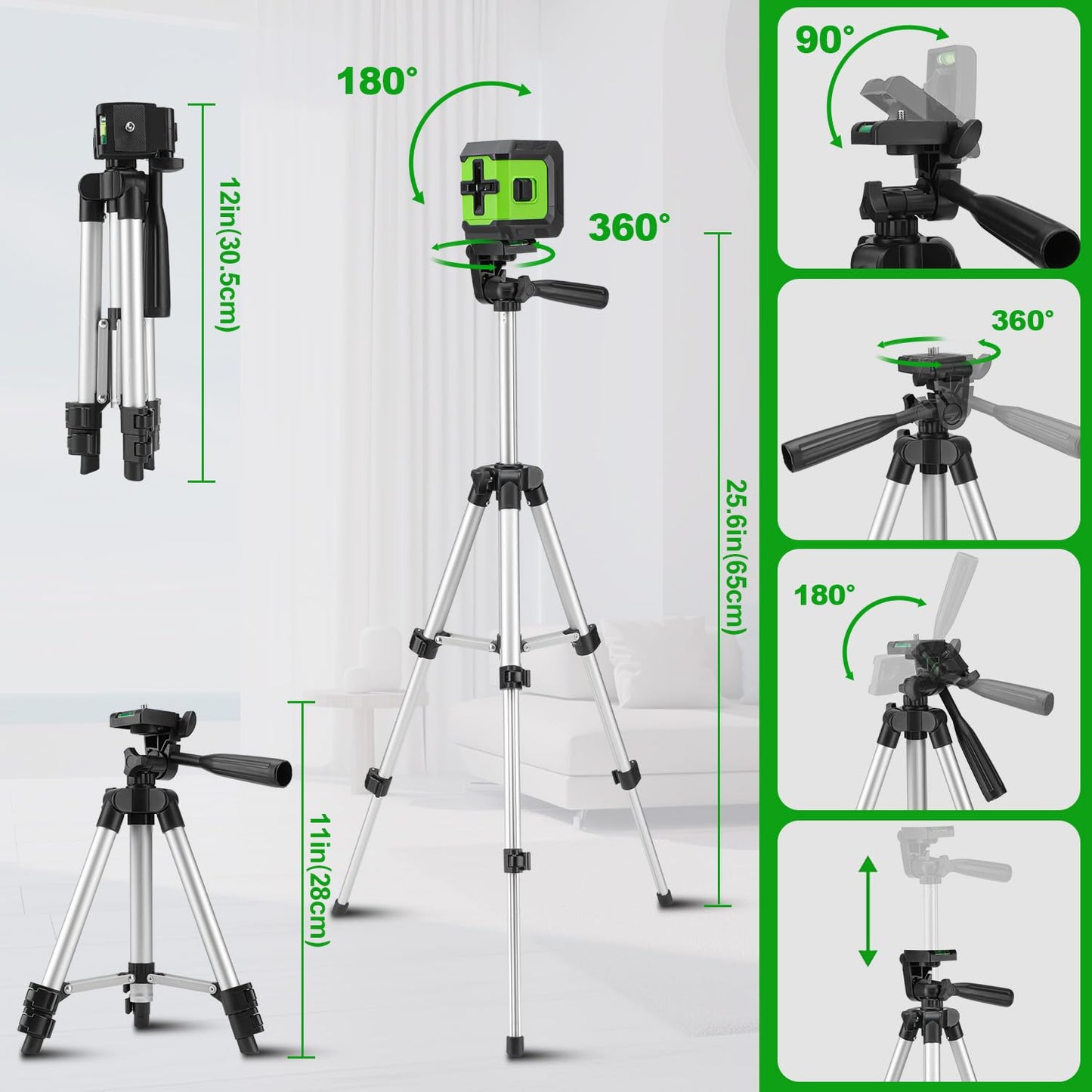 CinusLinus Laser Level with Tripod, CinusLinus 100Ft Laser Level 360° Self Leveling, Green Line leveler Tool for Hanging Pictures, Floor Tile, Home Renovation with Battery, Rotating Stand, 26'' Tripod