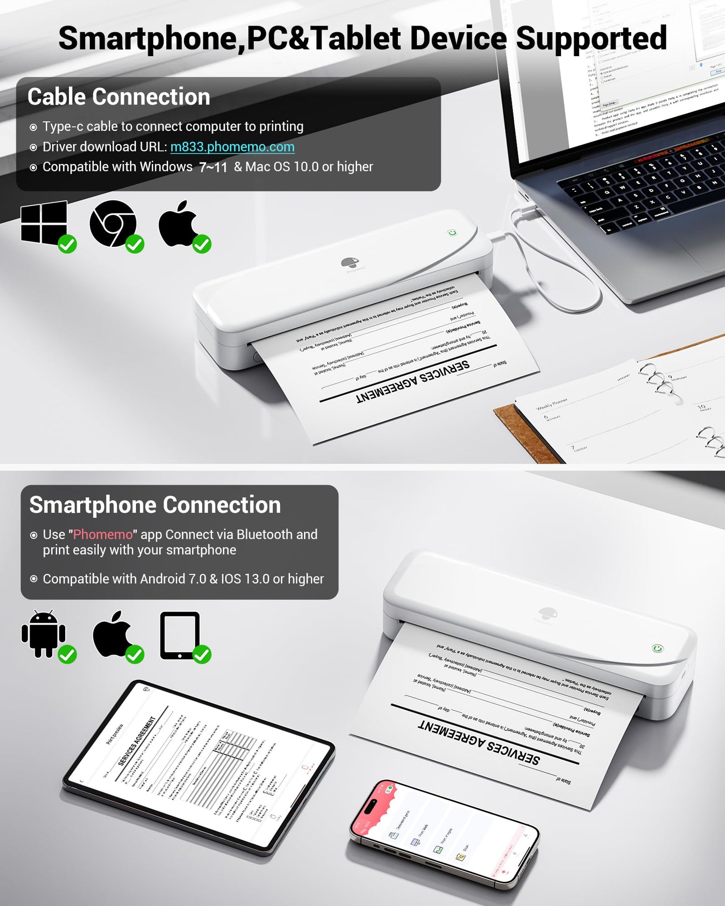 Phomemo Portable Printers Wireless for Travel, M833 Bluetooth Thermal Printer Compatible with Phone & Laptop,Support 8.5'' x 11'' US Letter & A4, 300Dpi Inkless Mobile Printer for Office, Home, School