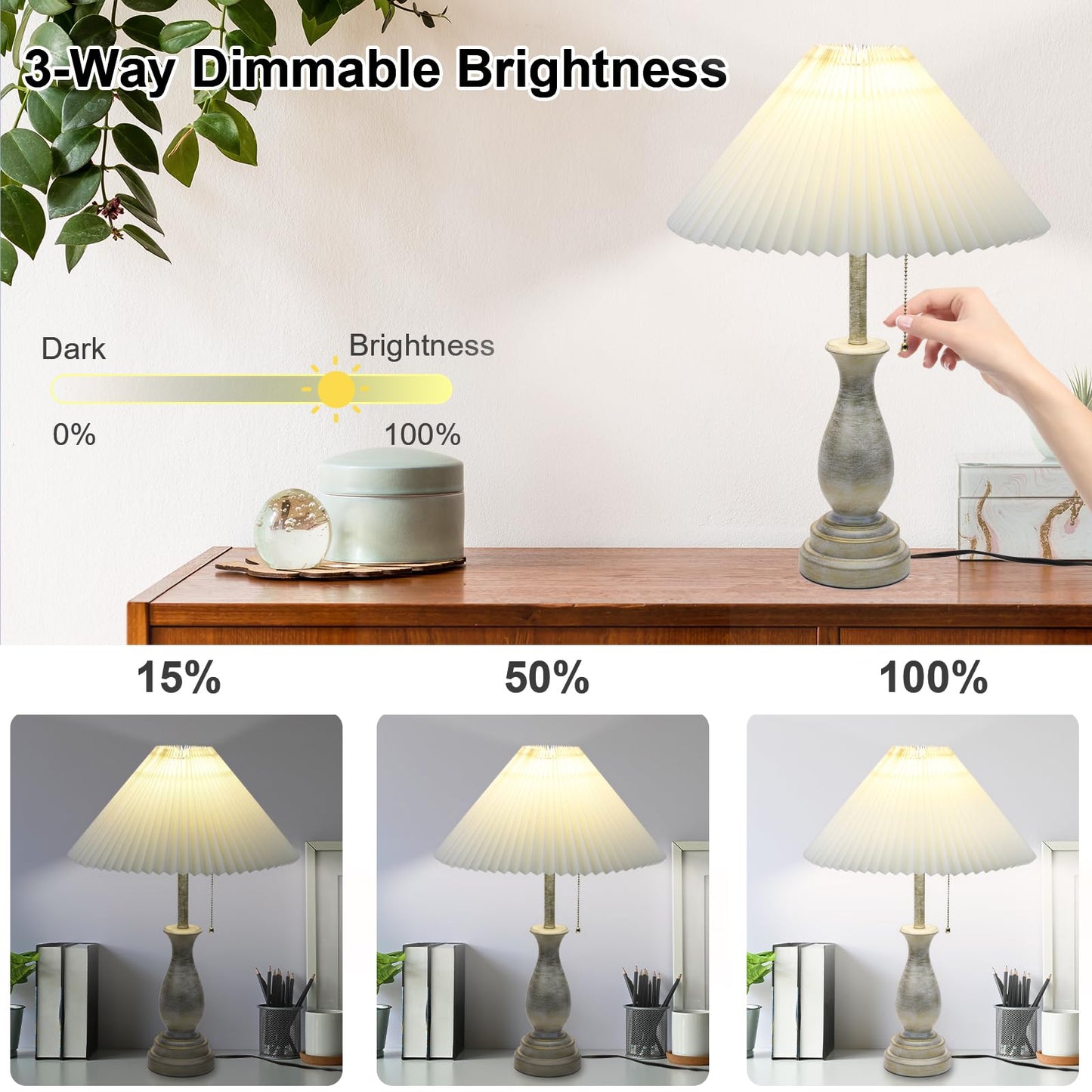 Dimmable Farmhouse Table Lamp with Pull Chain Switch