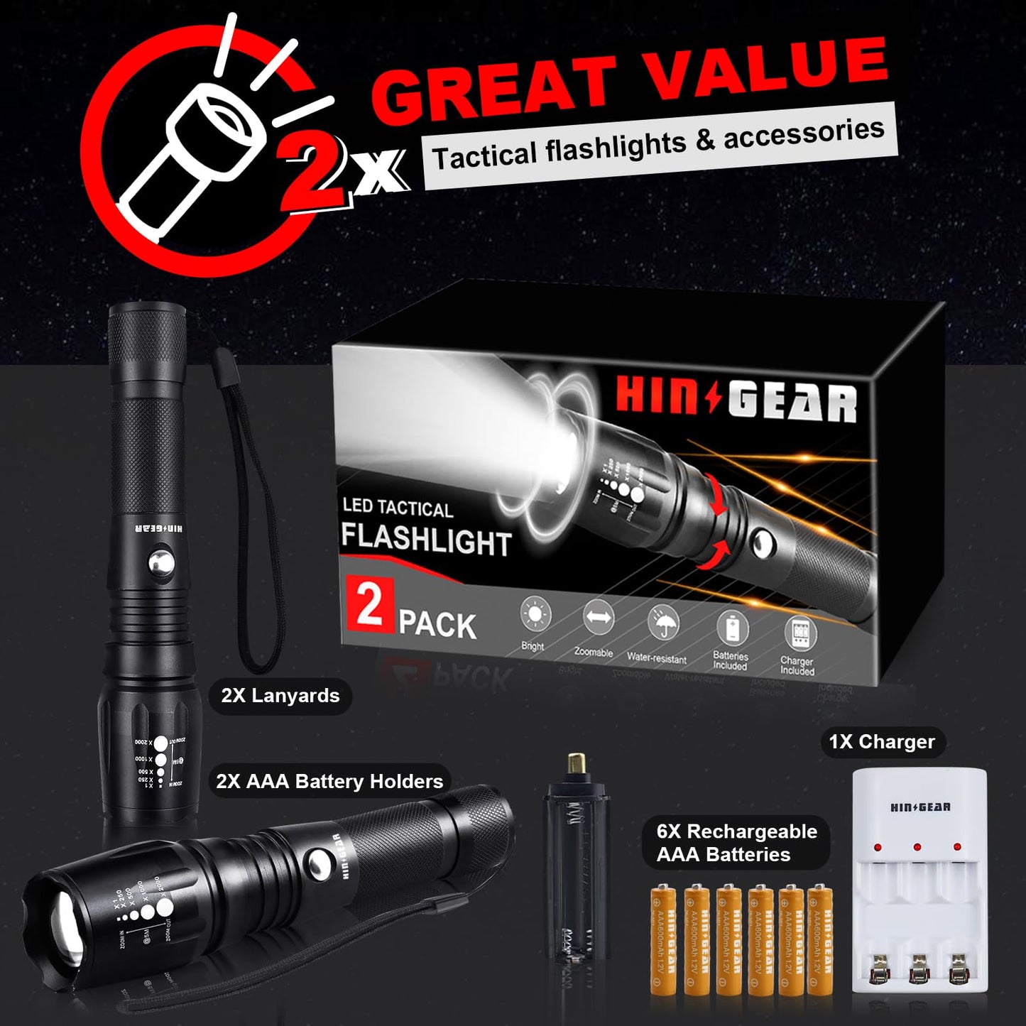 HinsGEAR LED Tactical Flashlight 2 Pack - Super Bright 1000 Lumens Flashlights, High Lumens Handheld Flash Light with 5 Modes, Adjustable Focus, Waterproof, Best Flashlight for Outdoor and Home Use