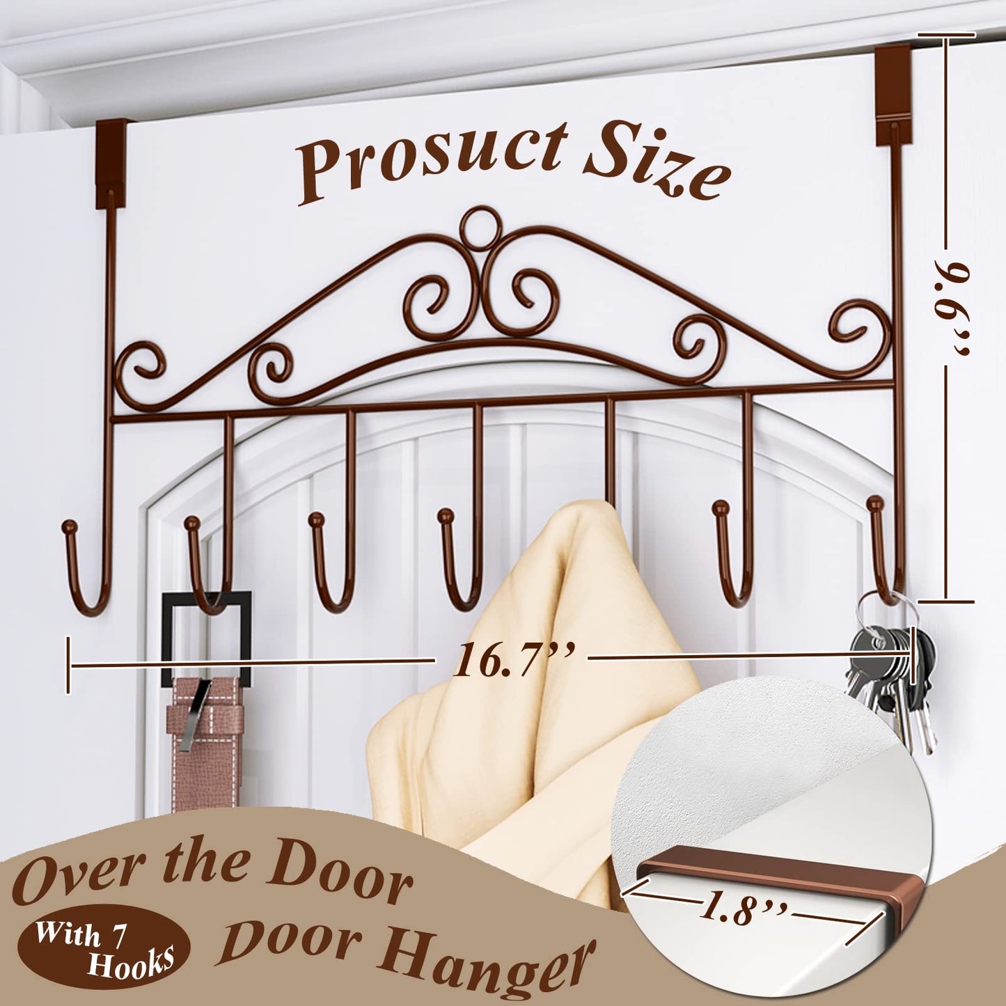 Youdepot Over The Door Hook - 7 Hook Bronze Coat Rack, Towel Hanger, Bathroom Door Hooks, Clothes Hanger, Hat Organizer, and Belt Holder. Easy to Install Door Hanger Hook.