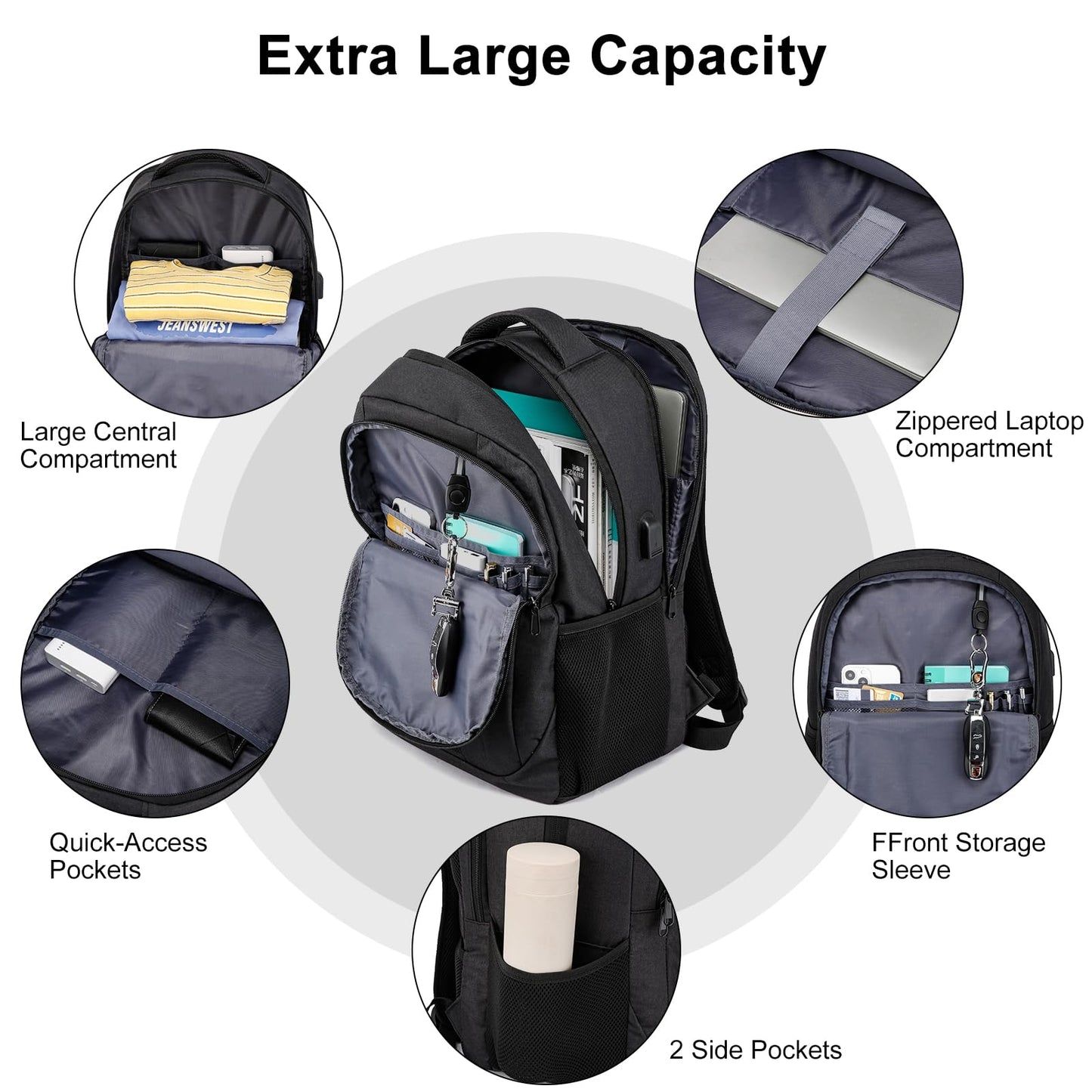 Black Backpack for School, School BackPack for Teens, Girls and Boys, with 15.6 inch Laptop Bookbag for College, Large Computer Back Pack with Compartments for Men & Women