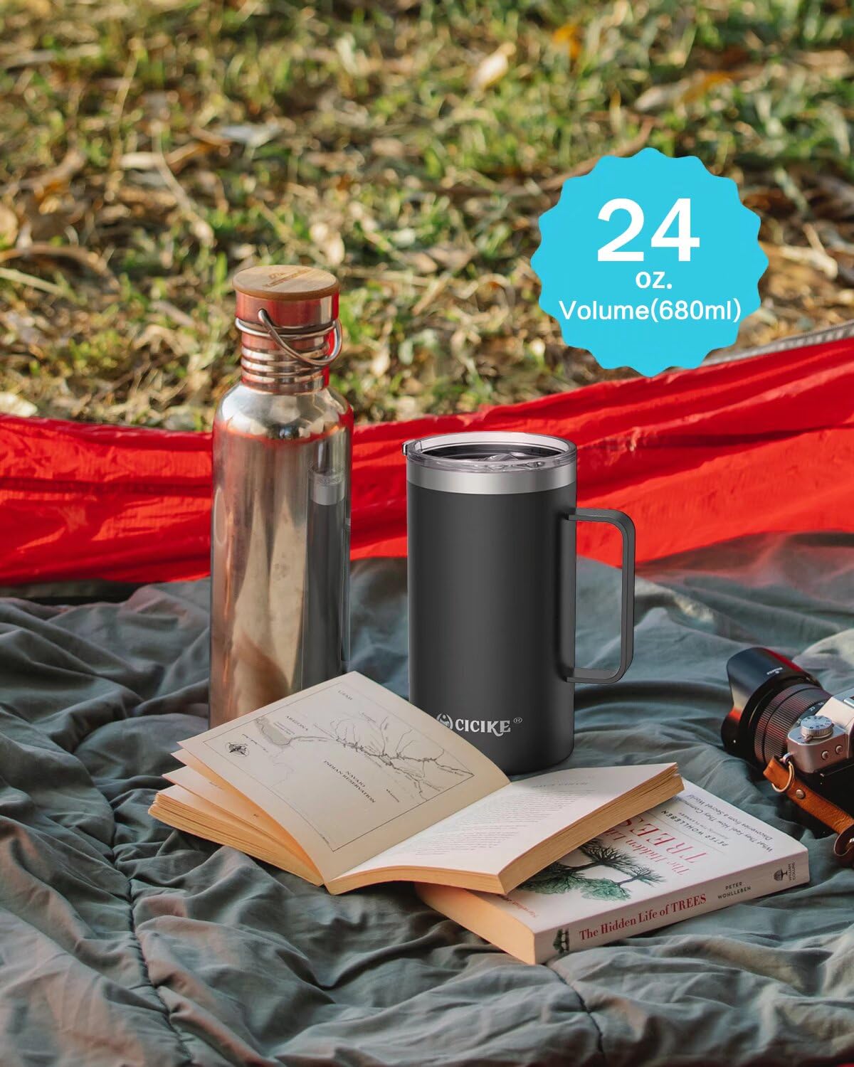 cicike 24oz. Travel Mug with Handle and Lid, Insulated Coffee Mug, Stainless Steel Coffee Mug, Camping Gift for Men and Women, Keep Cold for 9 Hours and Hot for 3