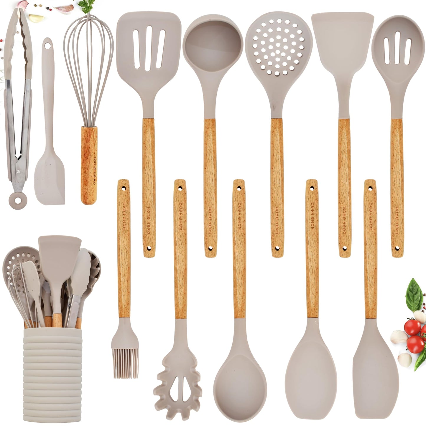 Silicone Kitchen Utensils Set - Silicone Cooking Utensils Set - Silicone Utensils for Cooking - Silicone Spatula Set - Wooden Kitchen Utensil Set - Kitchen Gadgets Utensil Sets (14 Pcs - Stone)