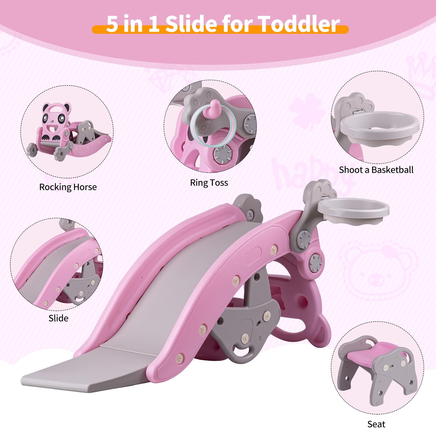 5-and-1 Kids Slide,Indoor Outdoor Playset for Toddlers Age 1-3,Kids Slide Indoor and Outdoor Playground,Toddler Slide with Ball & Hoop(Pink)