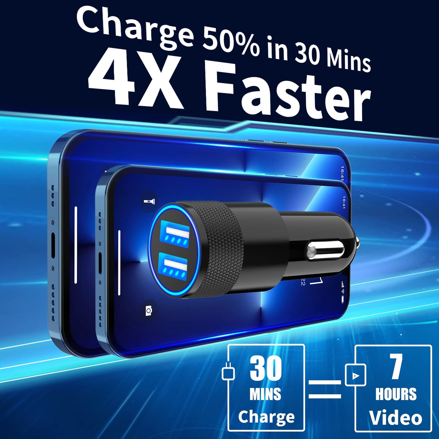 4.8A Dual USB Car Charger with Lightning Cable