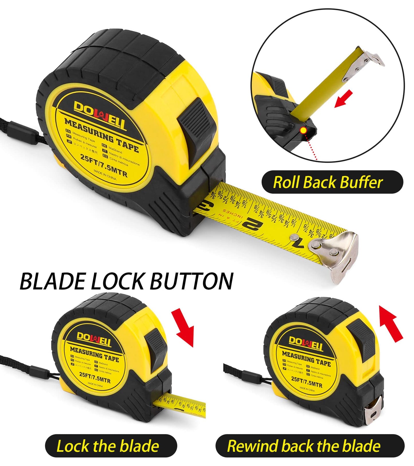 DOWELL Measuring Tape Measure 25ft Measurement Tape Steel Blade Shock Absorbent Solid Rubber Case Accurate Easy Read with Fractions 1/8 for Construction Contractor Carpenter Architect Woodworking (1)