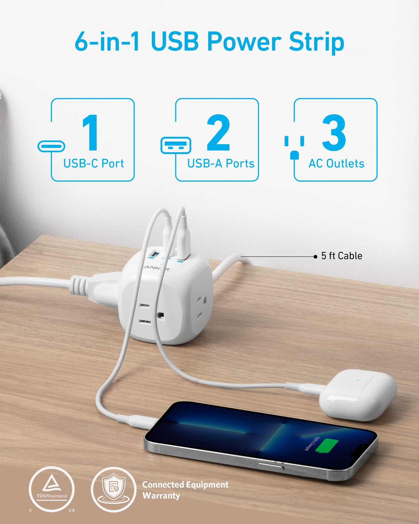 Anker 20W USB C Power Strip with 3 Outlets