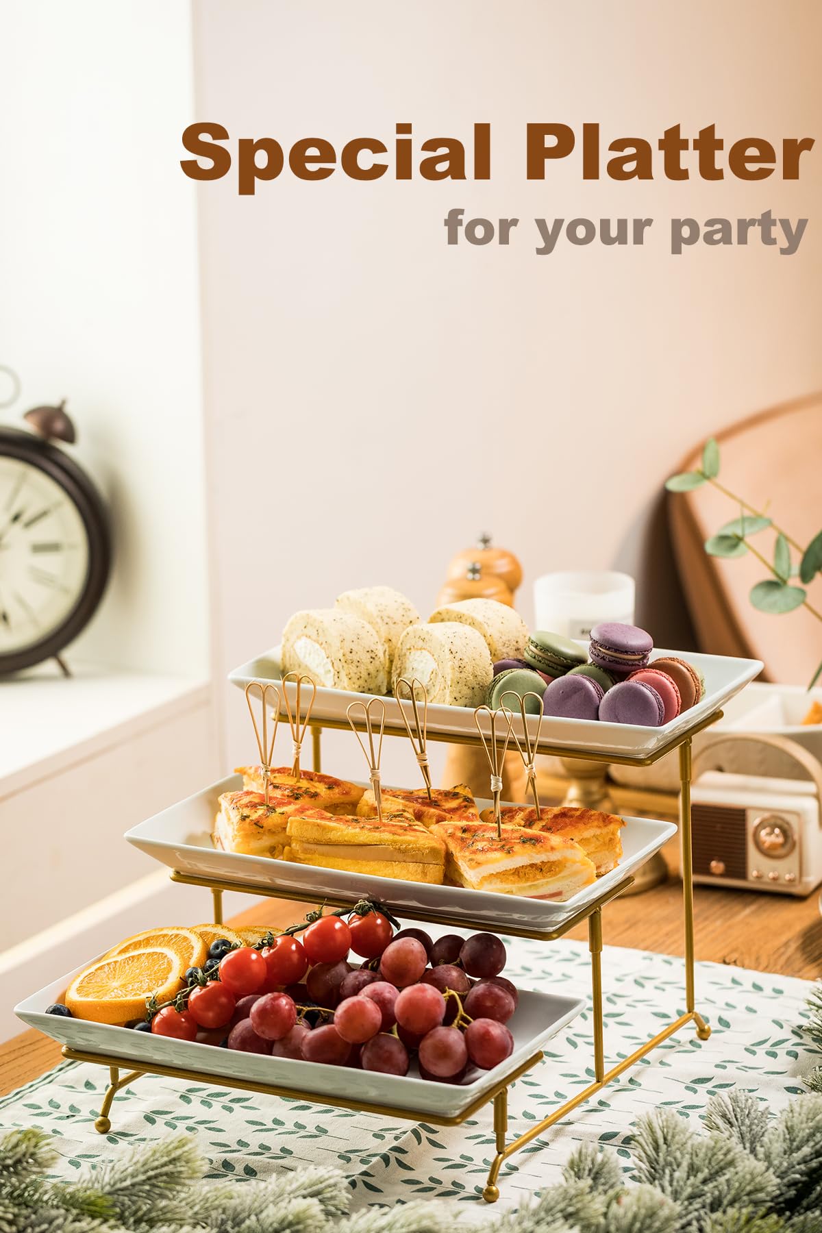 LAUCHUH 3 Tier Serving Stand Porcelain Serving Platter Tier Serving Trays with Collapsible Sturdier Rack, Serving Dishes and Platters for Father's Day, Christmas, Entertaining, Gold, 12 Inch