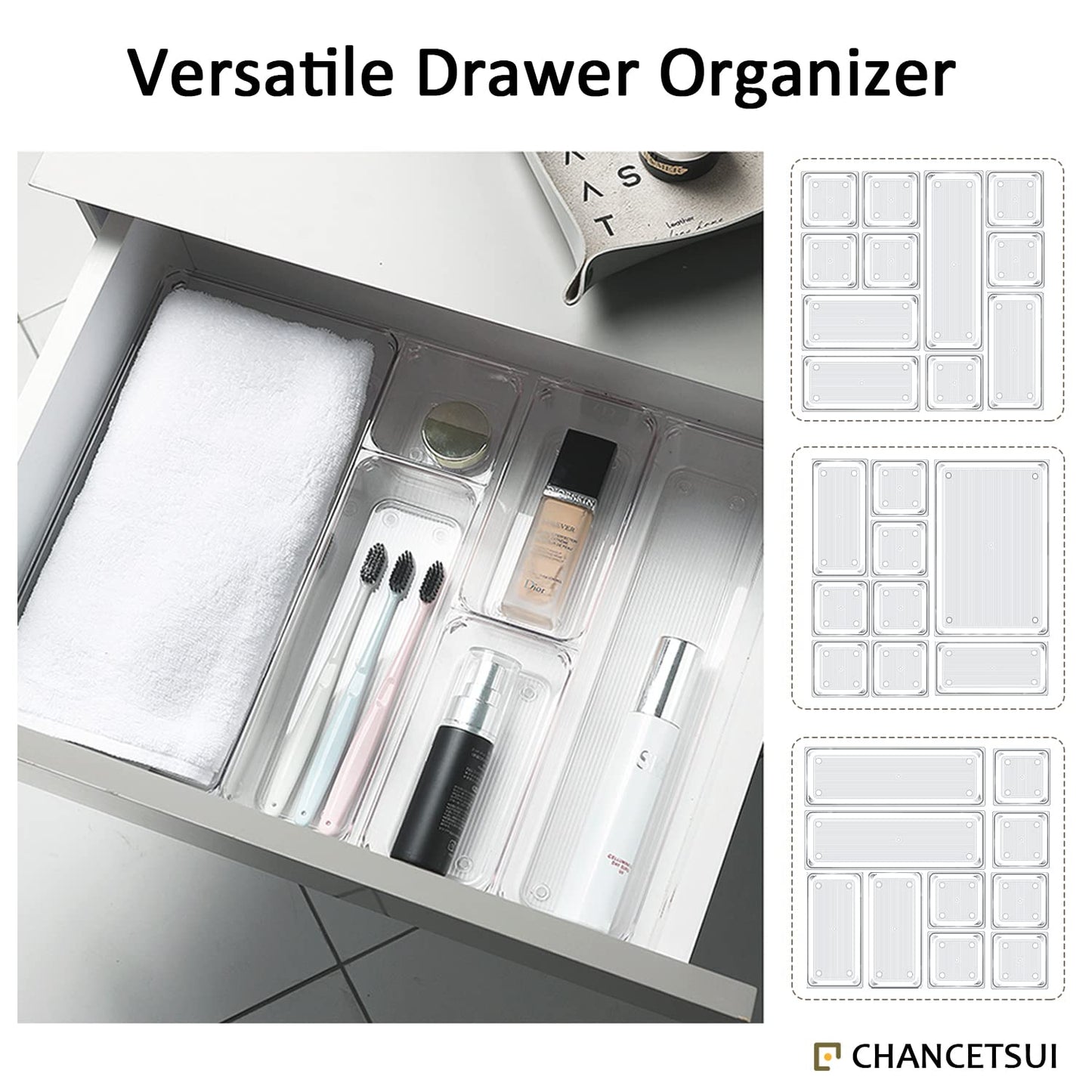 48Pcs Clear Plastic Drawer Organizer Set 4-Size Versatile Vanity and Desk Drawer Storage Bins, Drawer Organizer Trays and Bathroom Drawer Organizer for Jewelries, Kitchen Utensils, Office Supply
