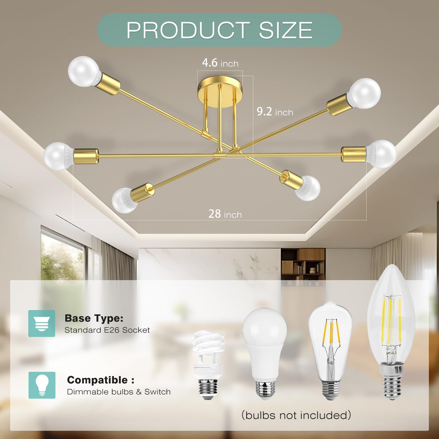 Sunwish Sputnik Chandelier, 6-Light Gold Flush Mount Ceiling Light Fixture Dining Room, Modern Chandeliers for Bedroom Lights with E26 Base, Bulbs Not Included (Gold- 6 Light)