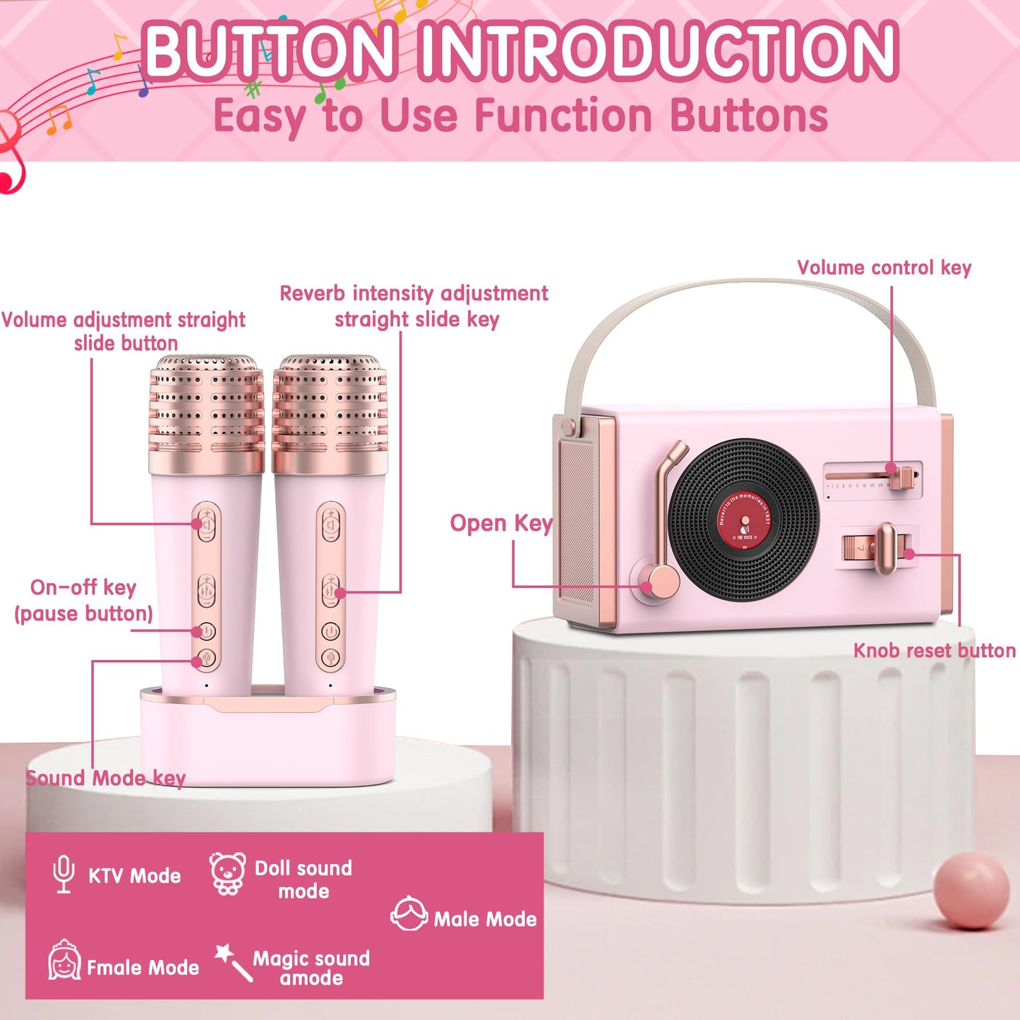 Mini Karaoke Machine with 2 Wireless Microphones