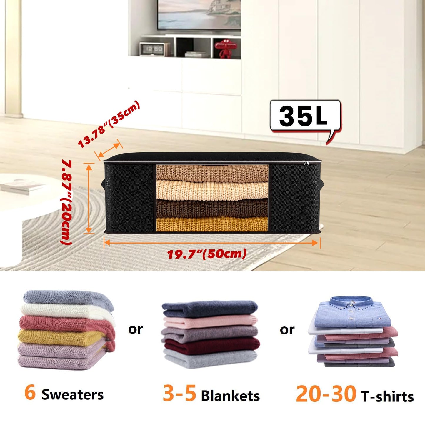 Joymeezo 3 Pack 35L Storage Bags,Clothes Storage Bins Foldable Closet Organizers Storage Bags with Zipper& Handle for Clothing, Blanket, Sweaters and Plush Toys (Black)