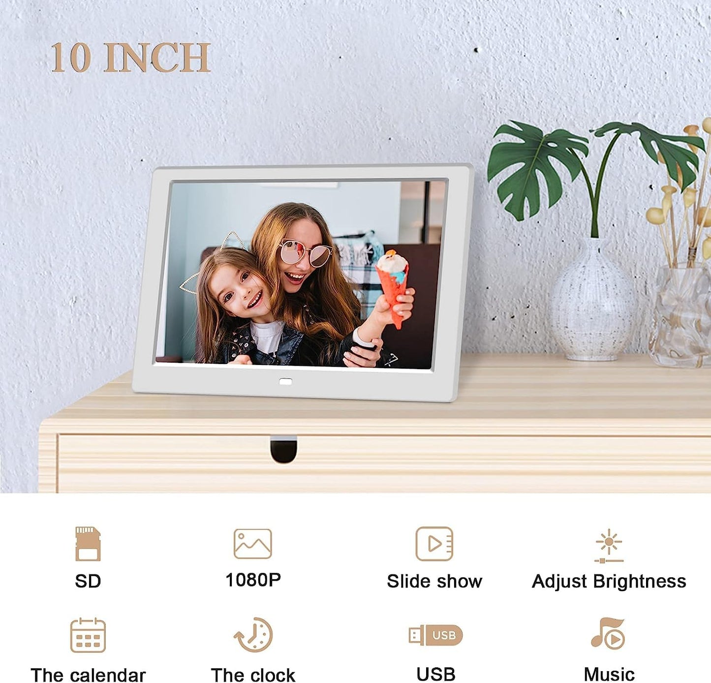 10.1 inch Digital Photo Frame with Remote Control, Electronic Picture Frame Large Display, Share Moments via SD Card and Mini USB, Wall Mountable, 1080P HD Resolution, Built-in Clock & Calendar