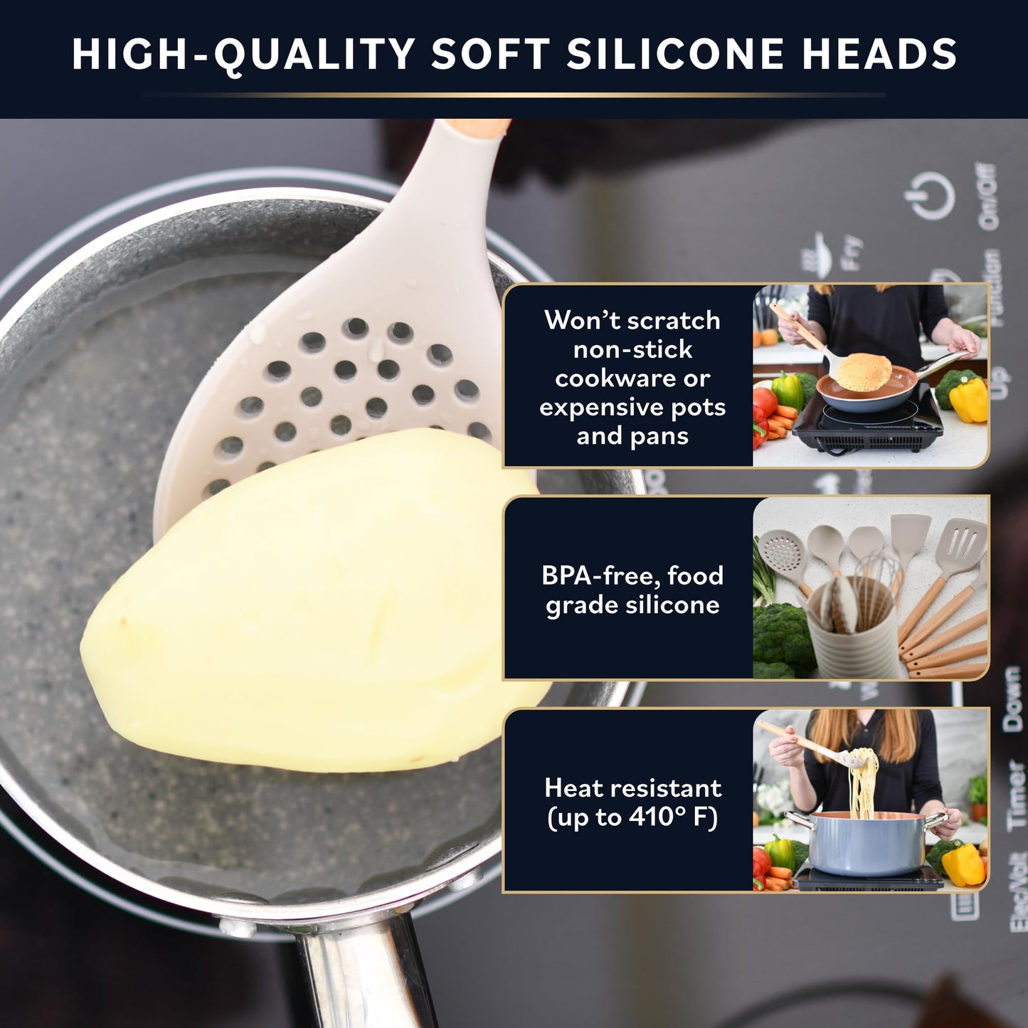 Silicone Kitchen Utensils Set - Silicone Cooking Utensils Set - Silicone Utensils for Cooking - Silicone Spatula Set - Wooden Kitchen Utensil Set - Kitchen Gadgets Utensil Sets (14 Pcs - Stone)