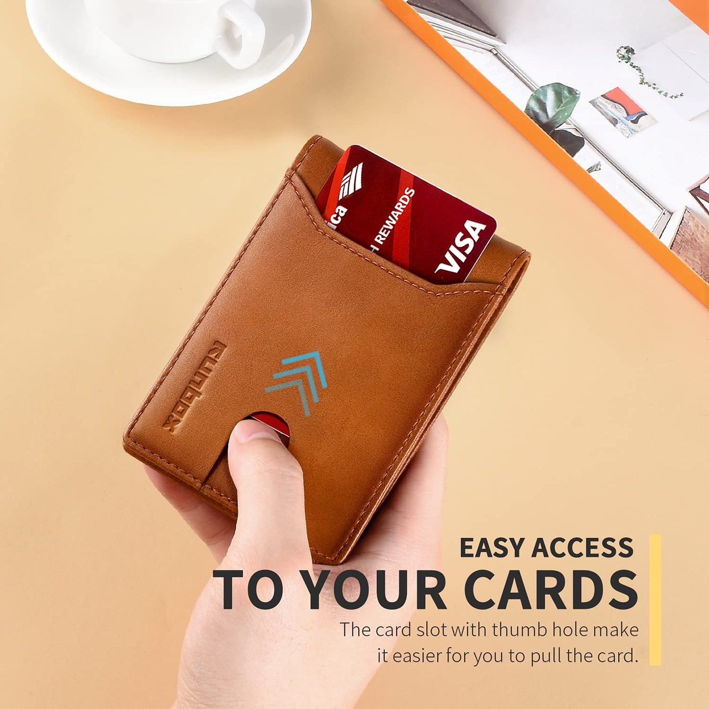 RUNBOX Slim Wallet for Men Minimalist Leather Bifold RFID Blocking with Gift Box Brown