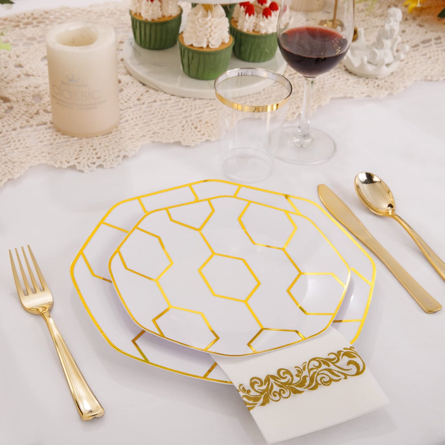 COLOSUS 175PCS Gold White Party Plates Set