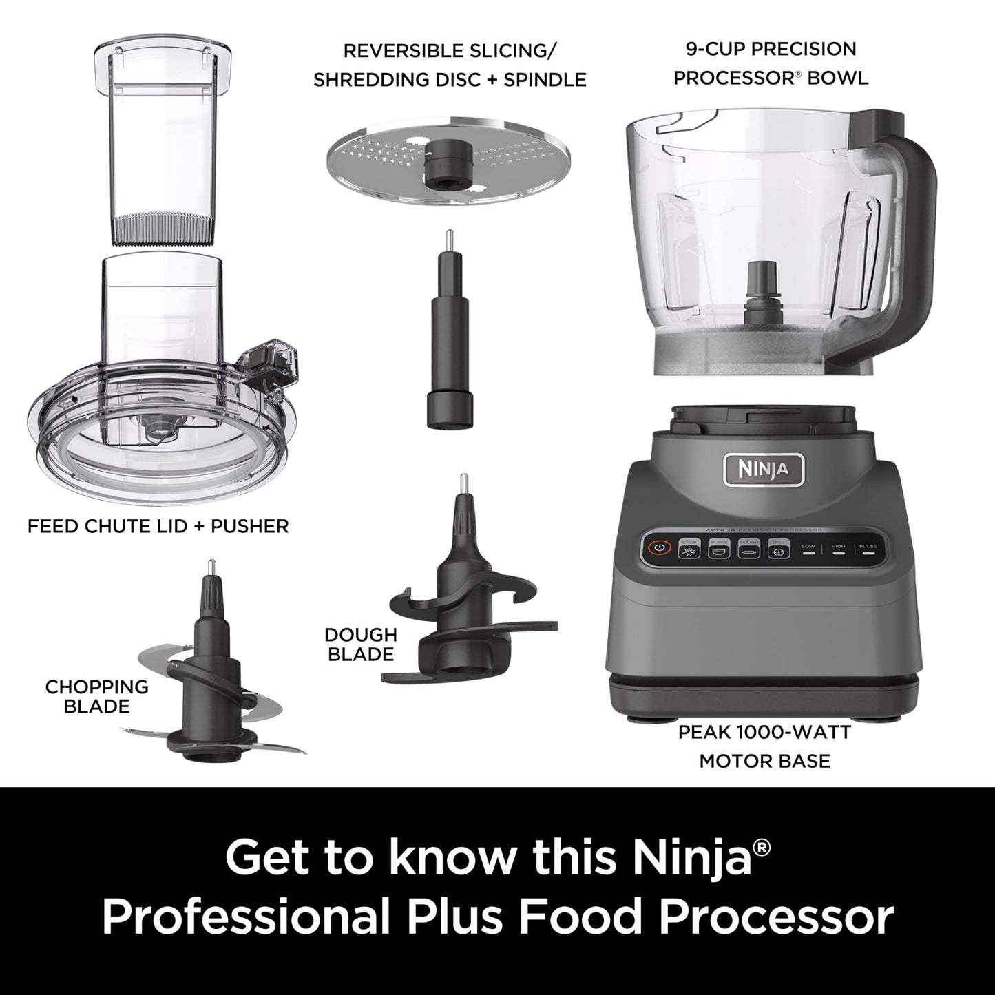 Ninja BN601 Professional Plus Food Processor, 1000 Peak Watts, 4 Functions for Chopping, Slicing, Purees & Dough with 9-Cup Processor Bowl, 3 Blades, Food Chute & Pusher, Silver